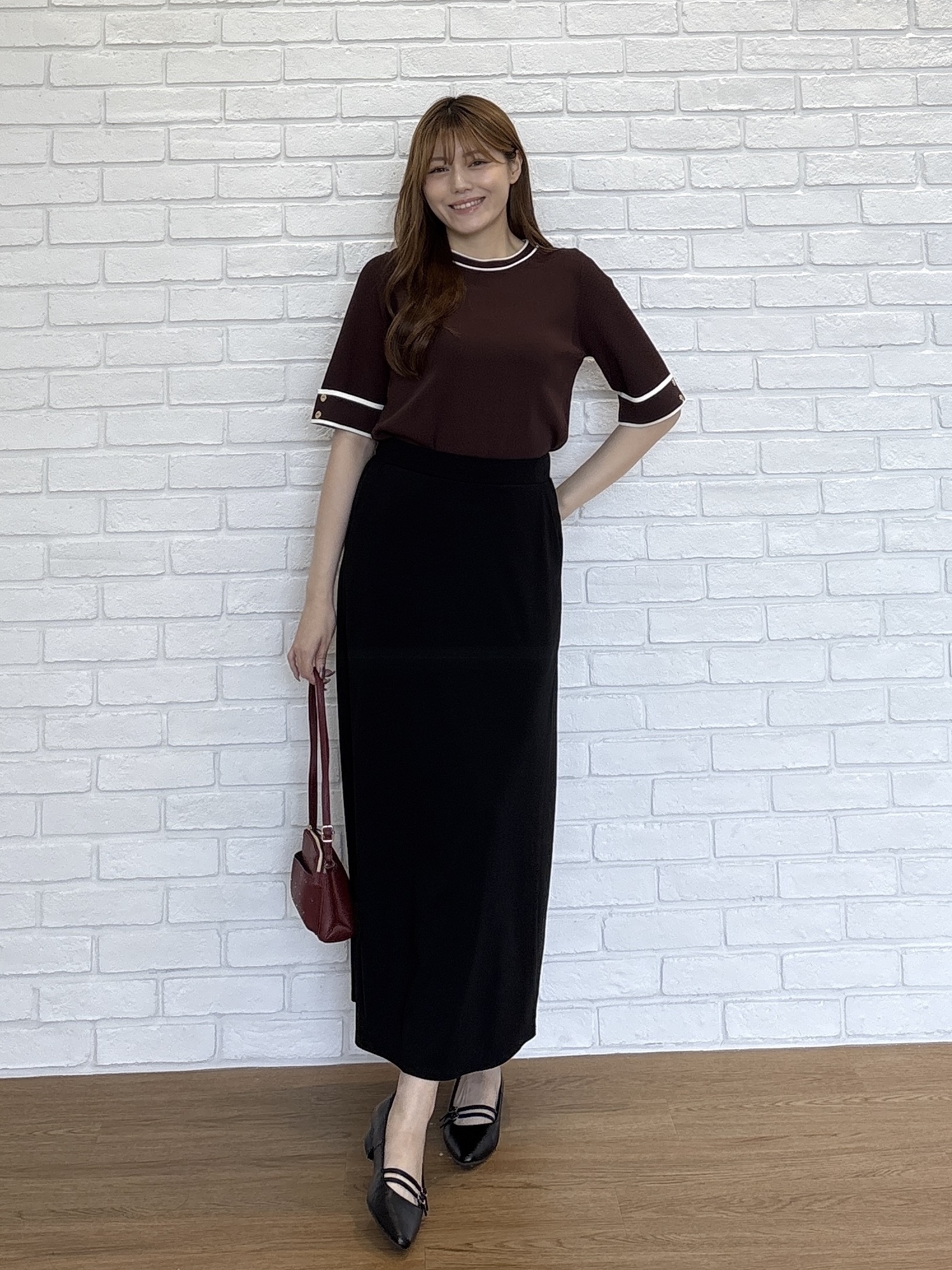 sayaさんの「grove｜新色追加！【シリーズ累計36万枚/名品ニット】やわらかドライタッチ 袖メッシュ編みニット」を使ったコーディネート