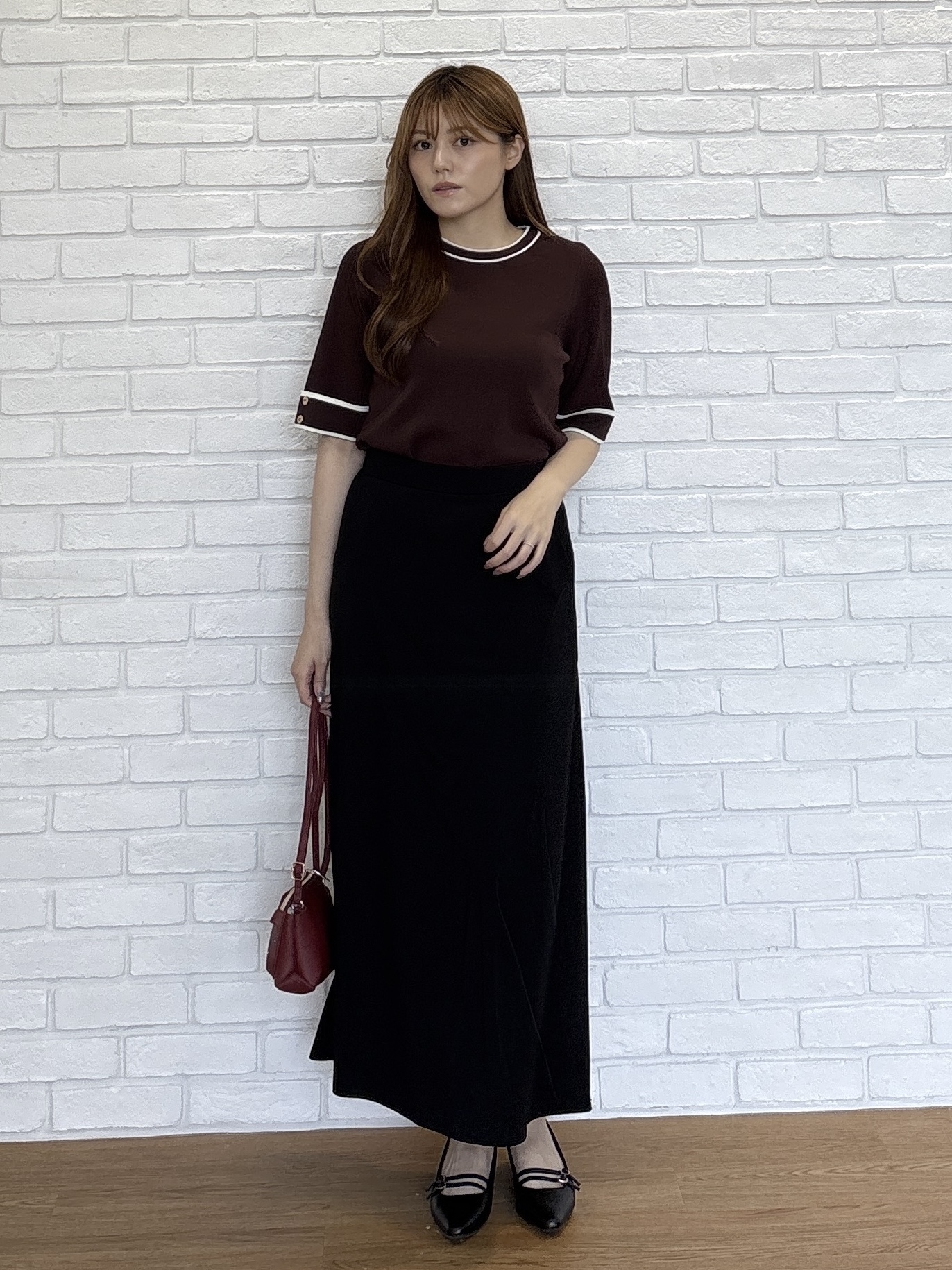 sayaさんの「grove｜新色追加！【シリーズ累計36万枚/名品ニット】やわらかドライタッチ 袖メッシュ編みニット」を使ったコーディネート