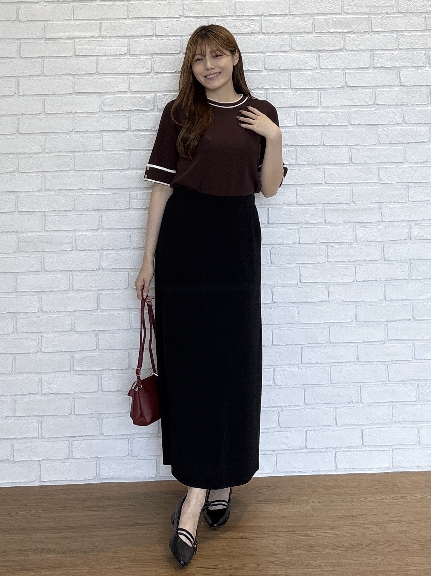 sayaさんの「grove｜新色追加！【シリーズ累計36万枚/名品ニット】やわらかドライタッチ 袖メッシュ編みニット」を使ったコーディネート