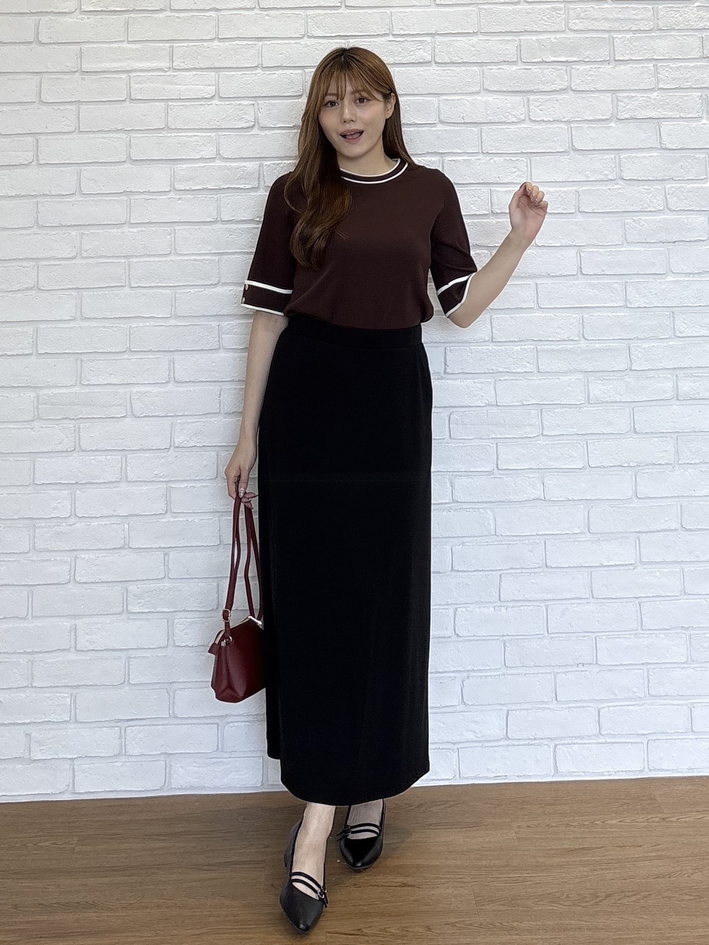 sayaさんの「grove｜新色追加！【シリーズ累計36万枚/名品ニット】やわらかドライタッチ 袖メッシュ編みニット」を使ったコーディネート