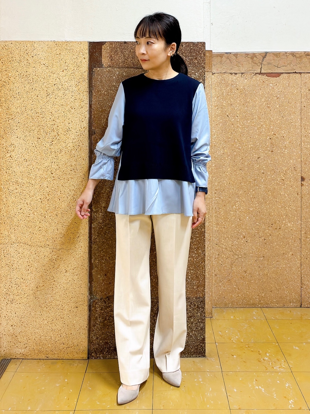 hattoriさんの「INDIVI｜【洗える／1枚でコーデ完成】重ね着風ニットトップス」を使ったコーディネート