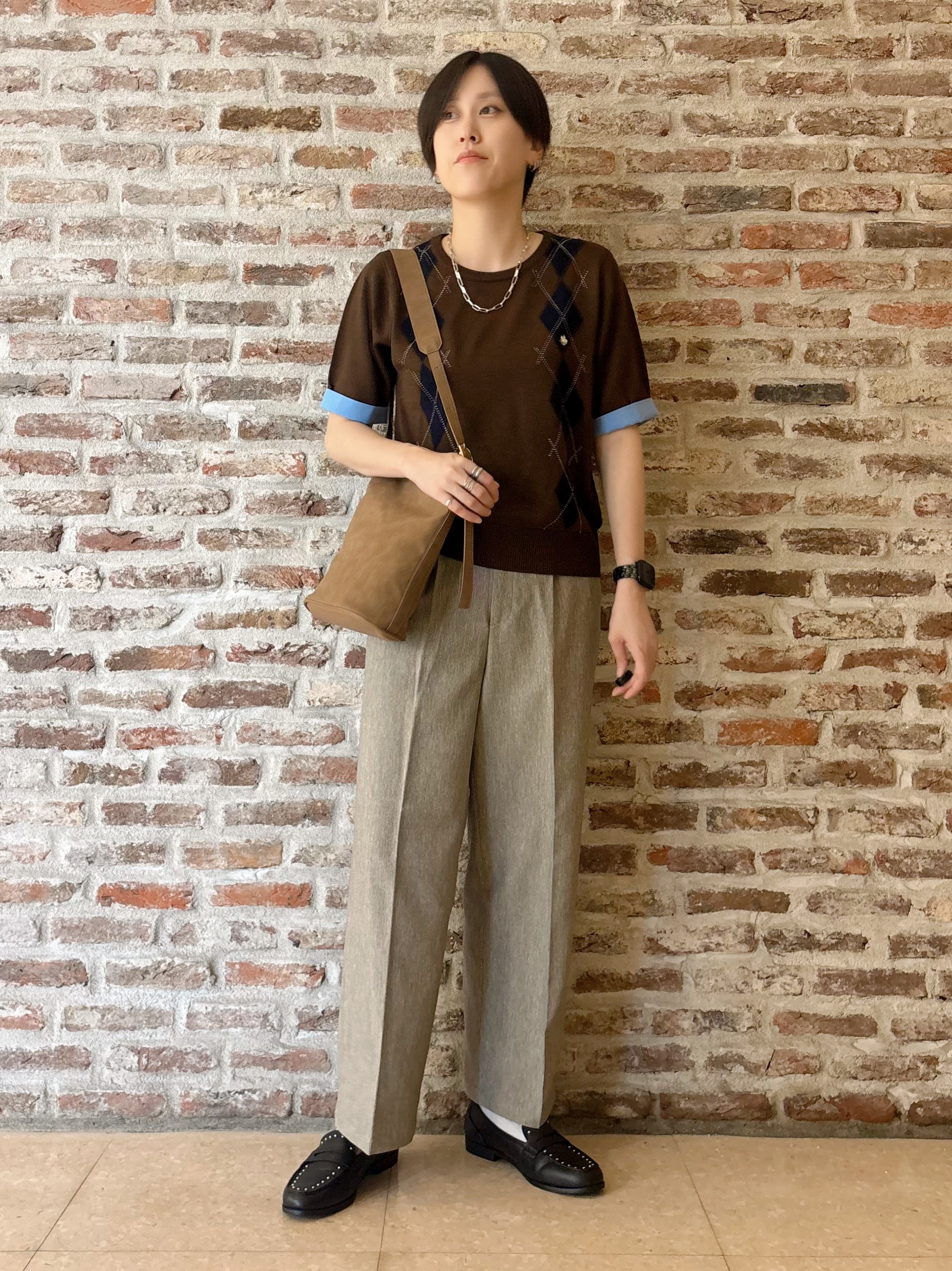 しばさんの「THE SHOP TK｜POLO BCS/アーガイル5分袖ニット」を使ったコーディネート