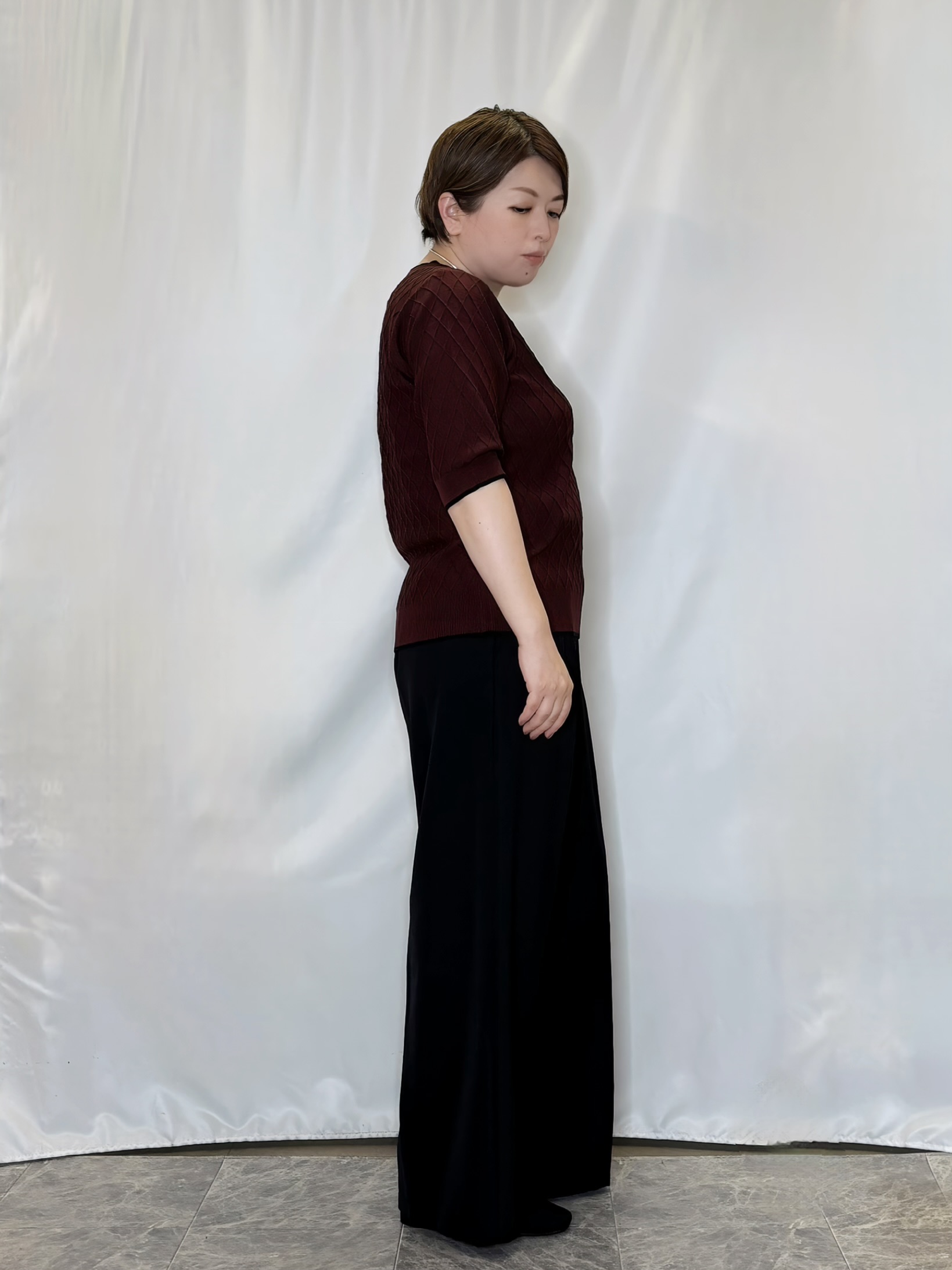 たみさんの「SHOO･LA･RUE｜【毛玉になりにくい/S-LL/洗濯機可】ダイヤ柄が上品 二の腕隠せる5分袖ニット」を使ったコーディネート