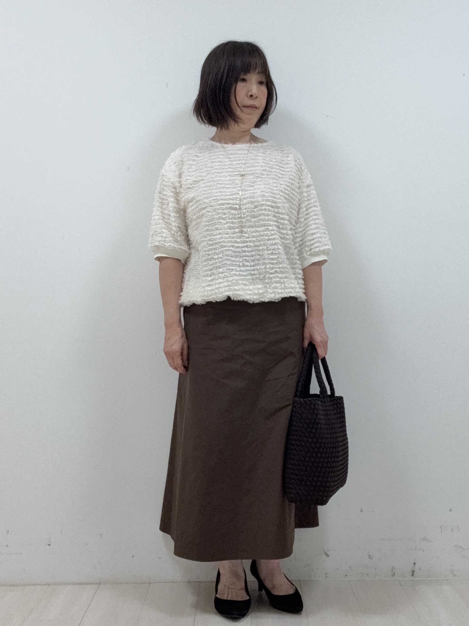 まつさんの「UNTITLED｜【秋映え/体型カバー】フェザージャガードプルオーバー」を使ったコーディネート