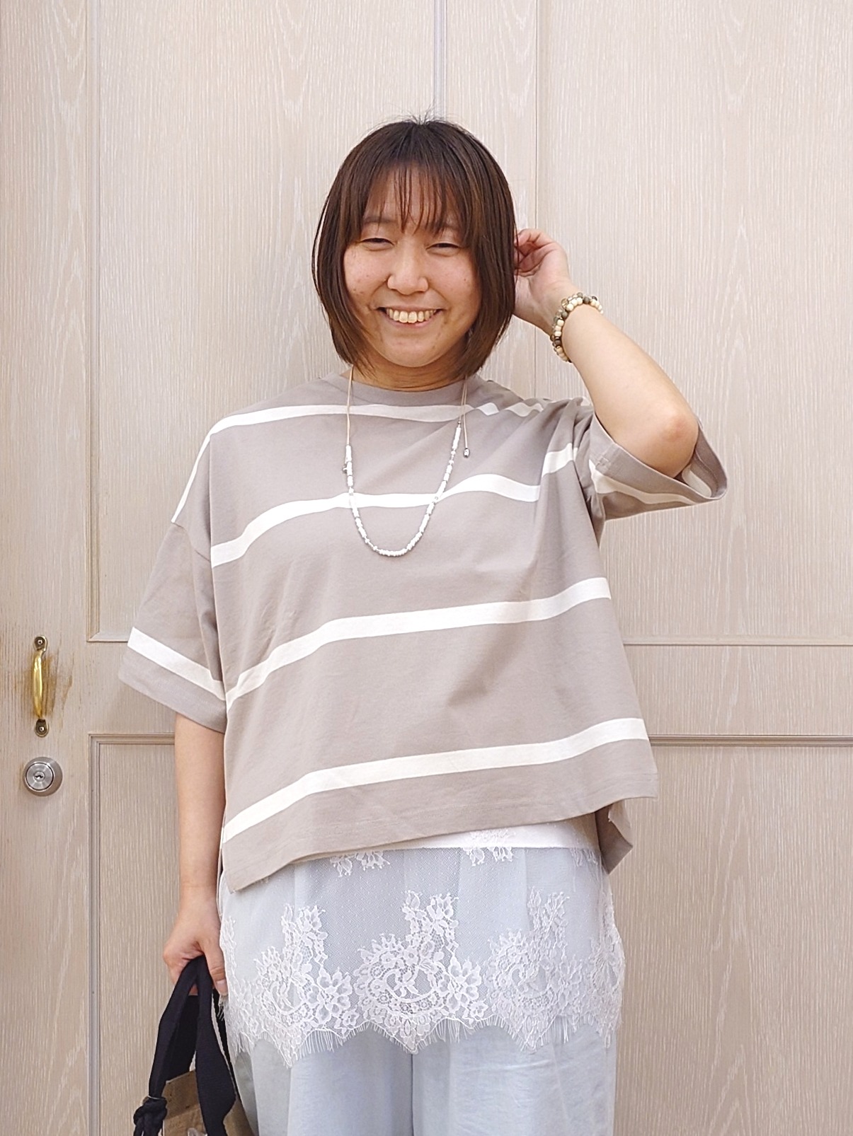 とろろさんの「SHOO･LA･RUE｜【S-LL】涼しげで爽やか 太ボーダー斜め切り替えTシャツ」を使ったコーディネート