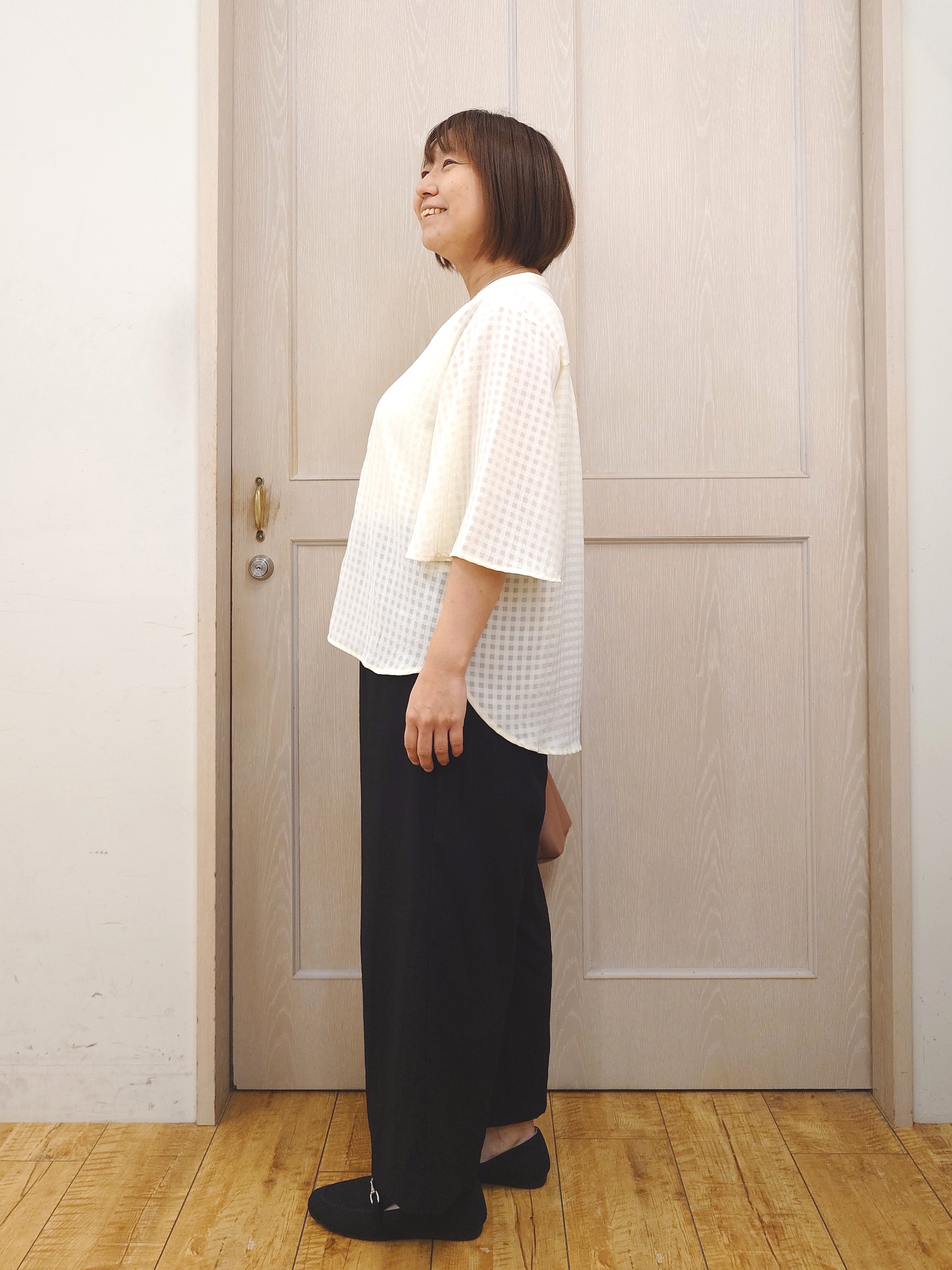 とろろさんの「SHOO･LA･RUE｜【洗濯機可/S-LL】二の腕隠せる 5分袖ギンガムシアーブラウス」を使ったコーディネート