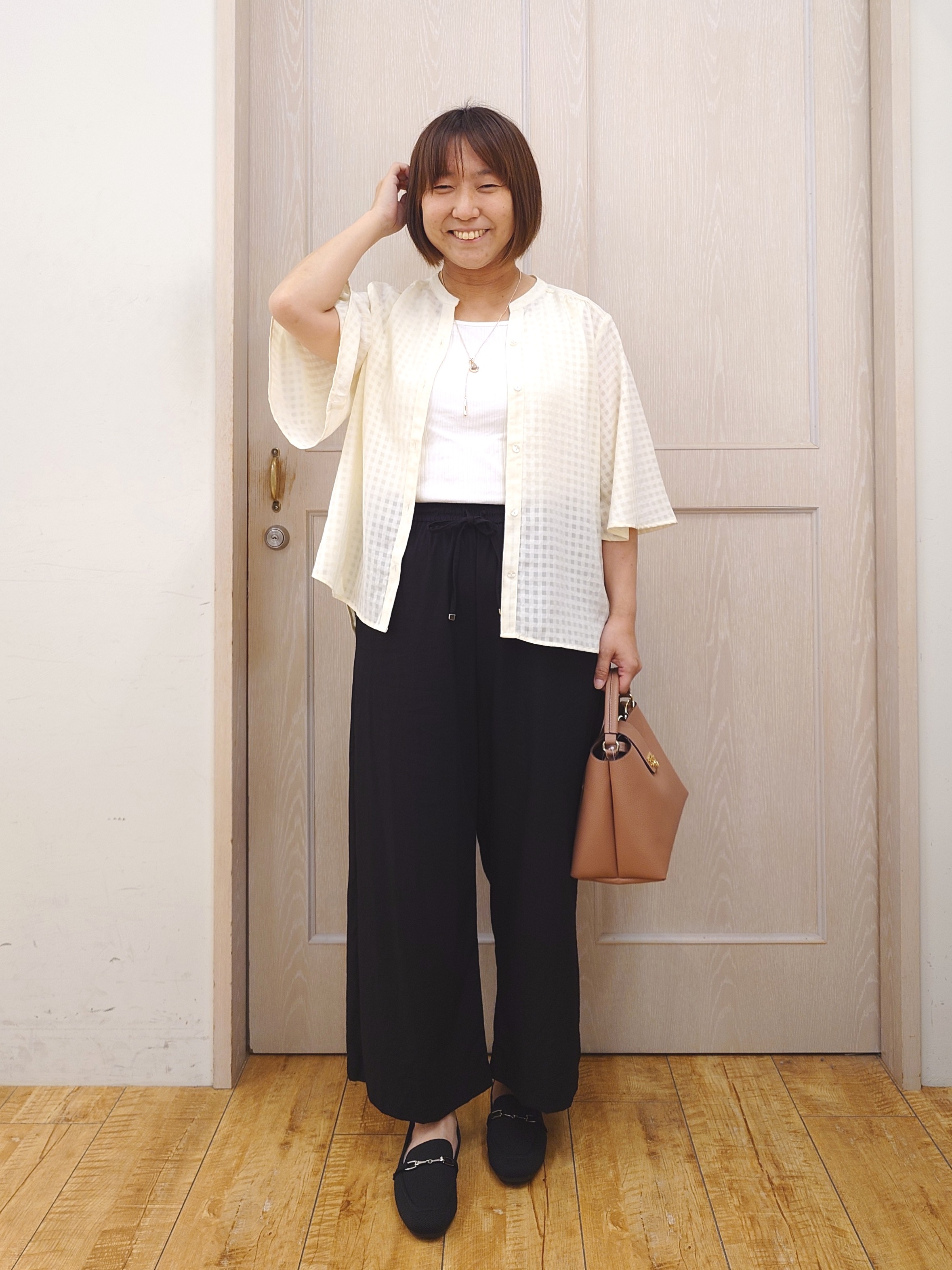 とろろさんの「SHOO･LA･RUE｜【洗濯機可/S-LL】二の腕隠せる 5分袖ギンガムシアーブラウス」を使ったコーディネート