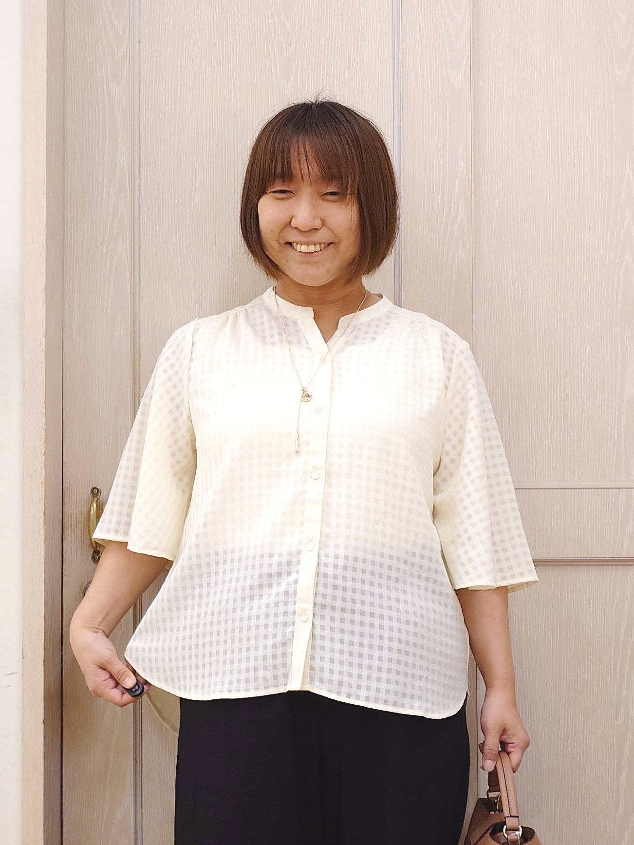 とろろさんの「SHOO･LA･RUE｜【洗濯機可/S-LL】二の腕隠せる 5分袖ギンガムシアーブラウス」を使ったコーディネート