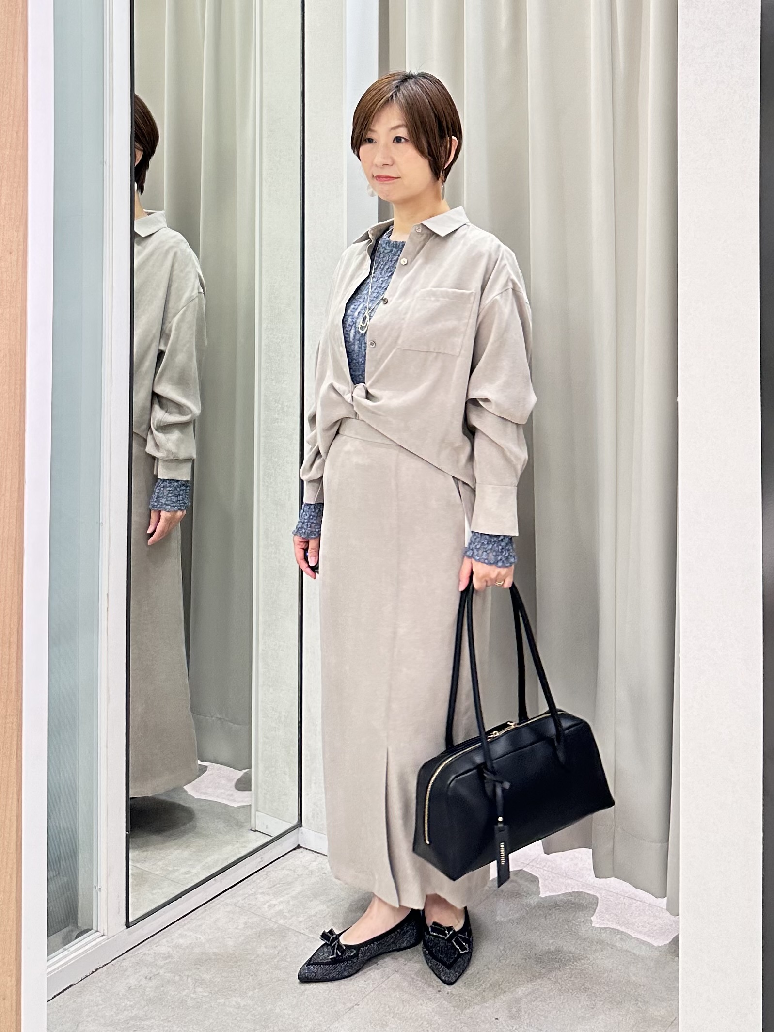 みなこさんの「UNTITLED｜【セットアップ可/秋羽織り】スエードライクシャツ」を使ったコーディネート
