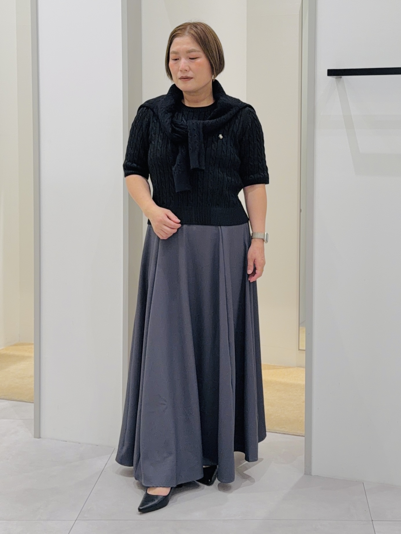タナさんの「THE SHOP TK｜POLO BCS/ケーブル5分袖ニット」を使ったコーディネート