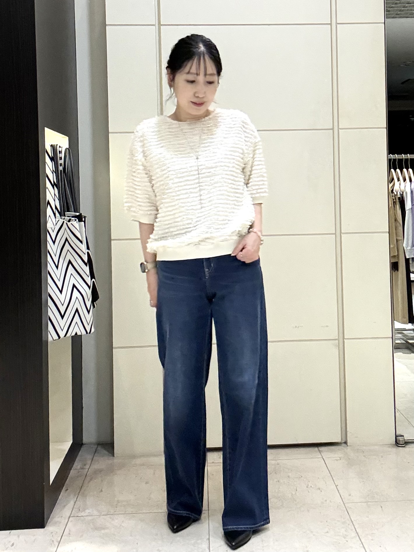 mori.さんの「UNTITLED｜【秋映え/体型カバー】フェザージャガードプルオーバー」を使ったコーディネート