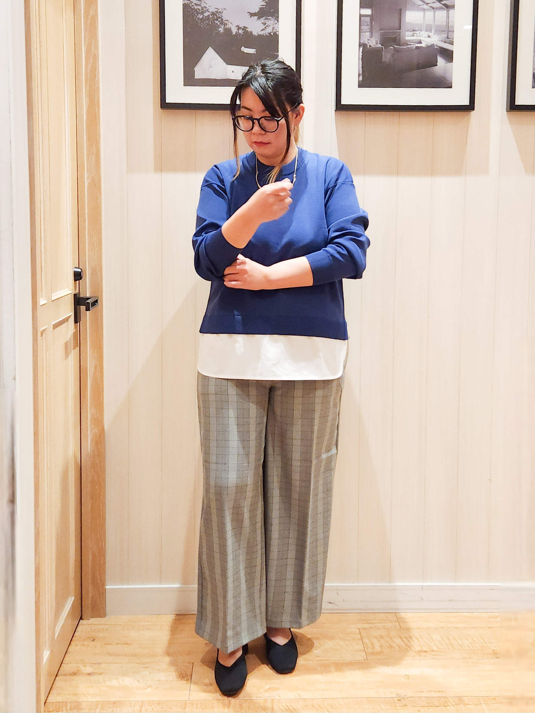 れーやんさんの「SHOO･LA･RUE｜【S-LL】着るだけできまる シャツレイヤード風 スポンディッシュニット」を使ったコーディネート
