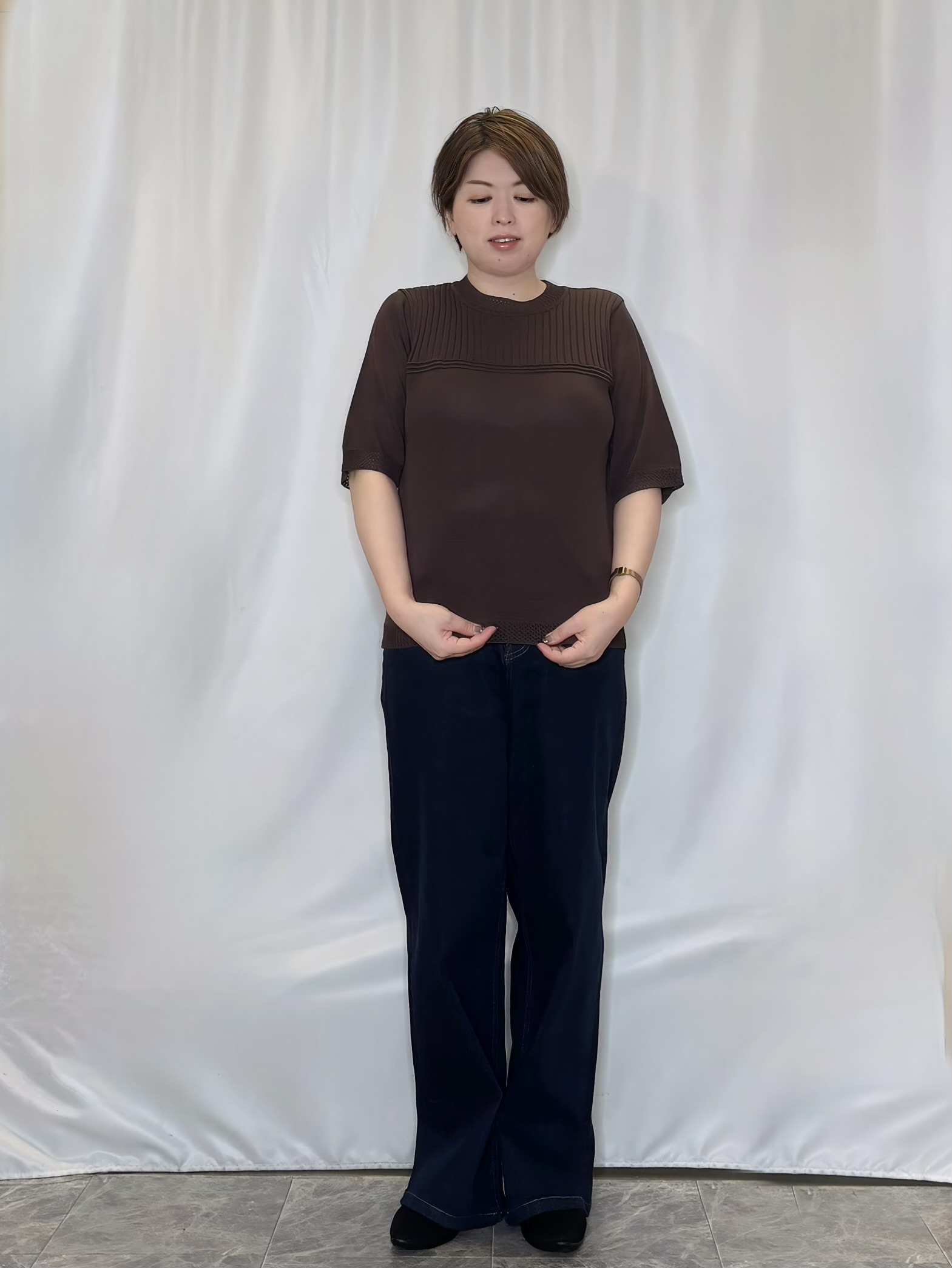 たみさんの「SHOO･LA･RUE｜【S-LL/二の腕カバー】品よく決まる 5分袖デザインニット」を使ったコーディネート