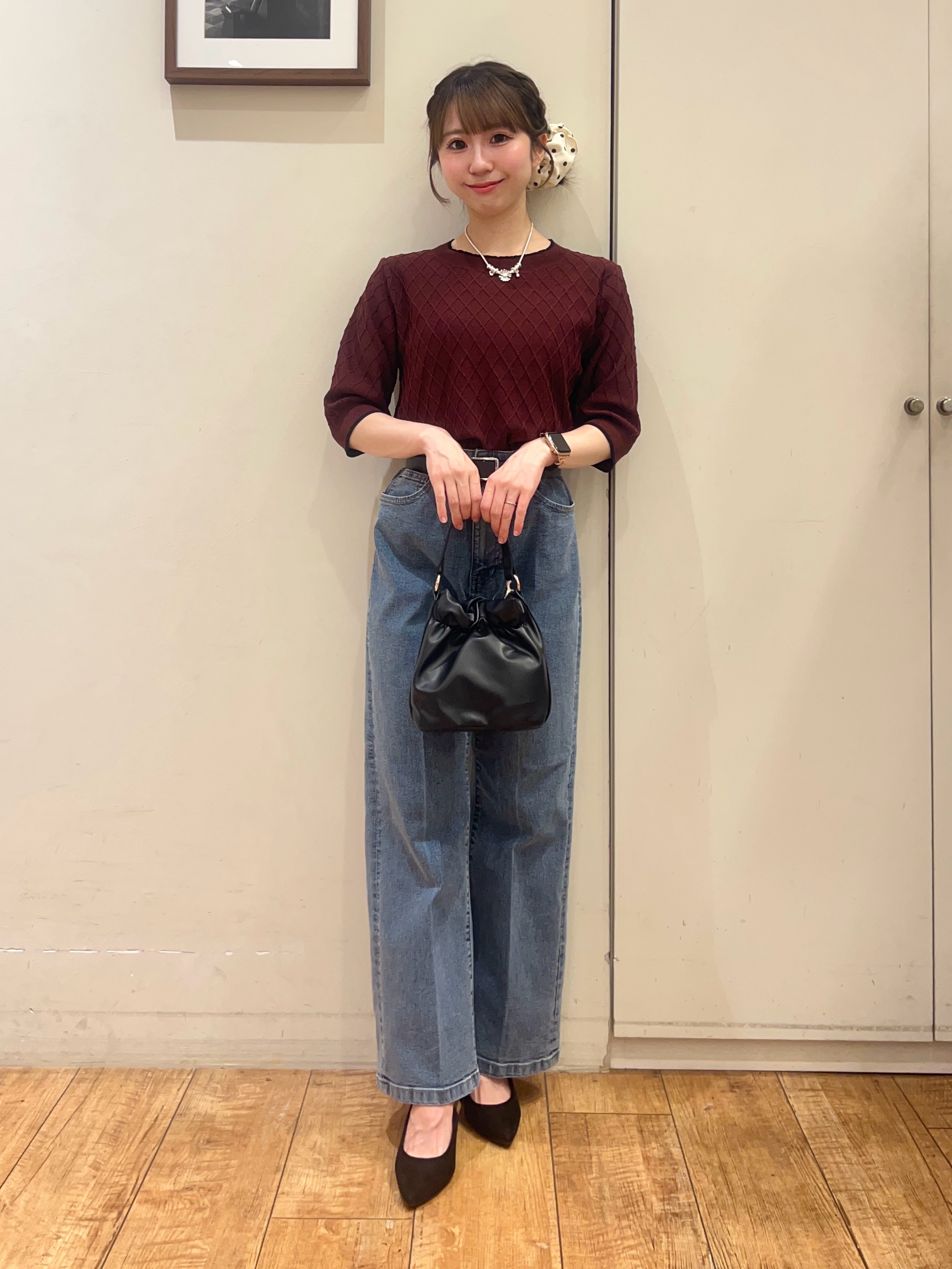 AIRIさんの「SHOO･LA･RUE｜【毛玉になりにくい/S-LL/洗濯機可】ダイヤ柄が上品 二の腕隠せる5分袖ニット」を使ったコーディネート