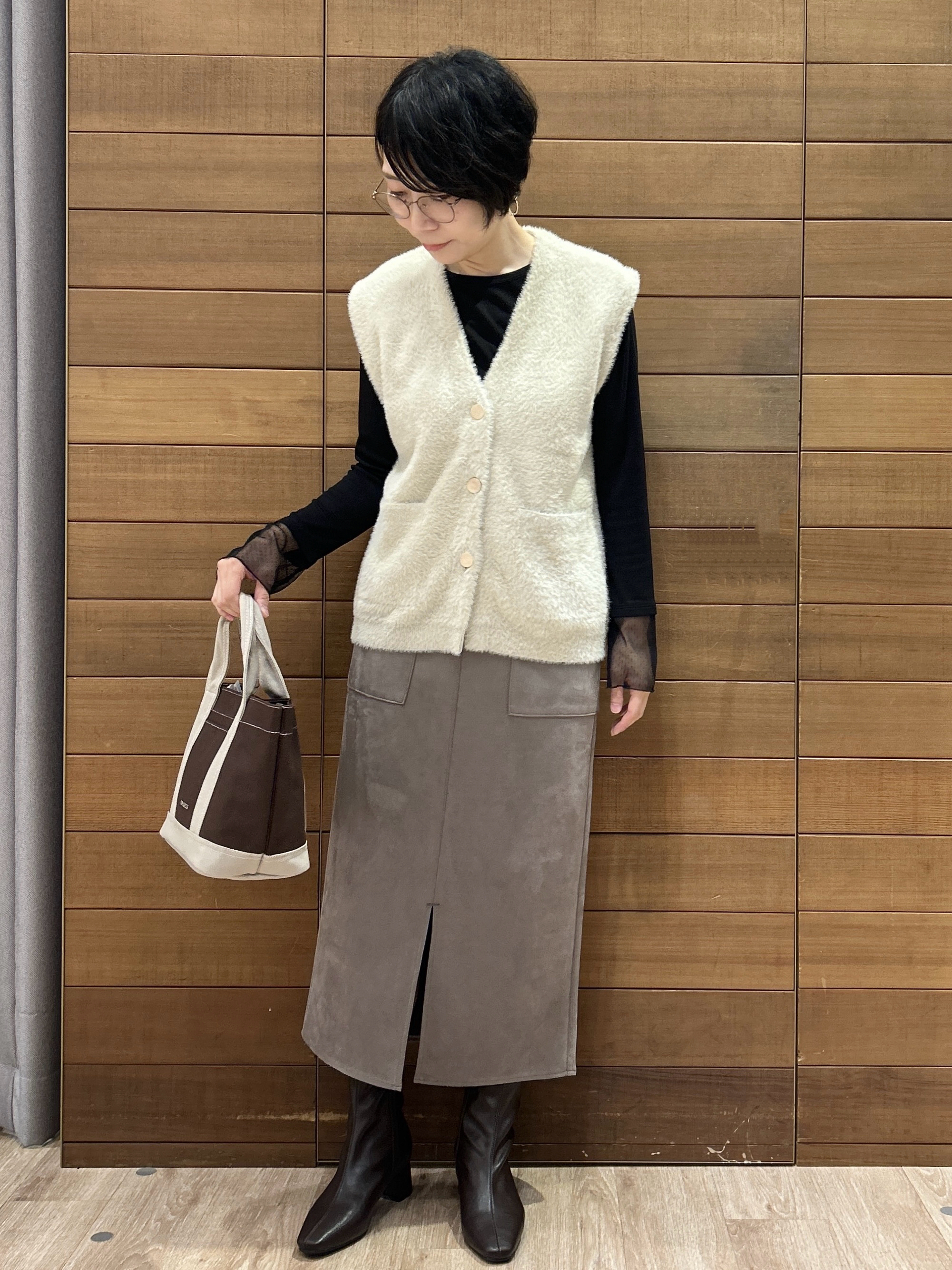 ゆうあさんの「OPAQUE.CLIP｜フェザーヤーンニットベスト【洗濯機OK】」を使ったコーディネート