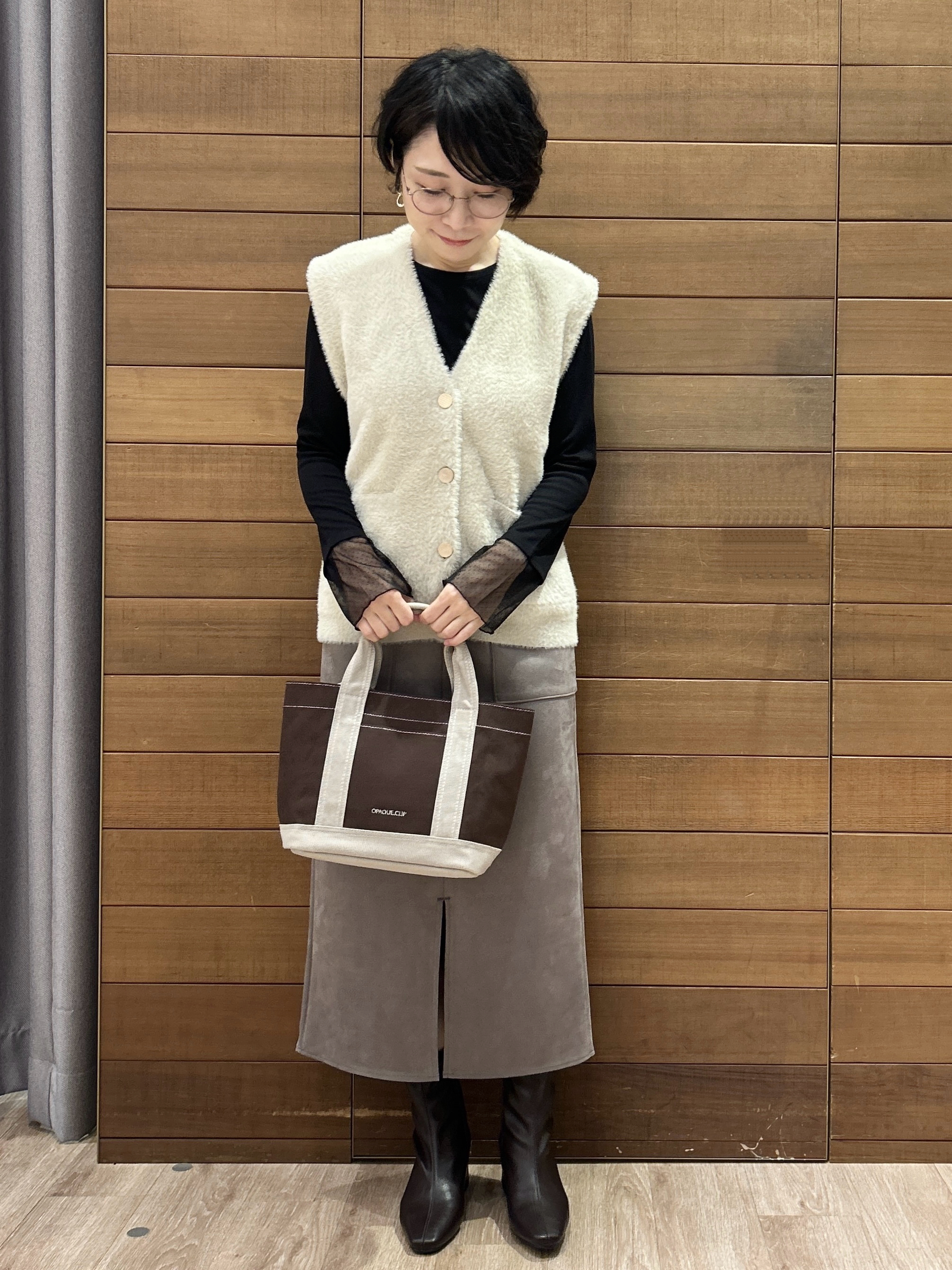ゆうあさんの「OPAQUE.CLIP｜フェザーヤーンニットベスト【洗濯機OK】」を使ったコーディネート