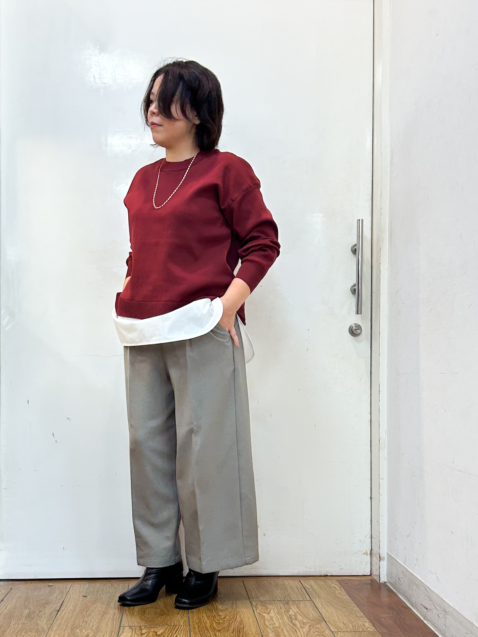 haruさんの「SHOO･LA･RUE｜【S-LL】着るだけできまる シャツレイヤード風 スポンディッシュニット」を使ったコーディネート