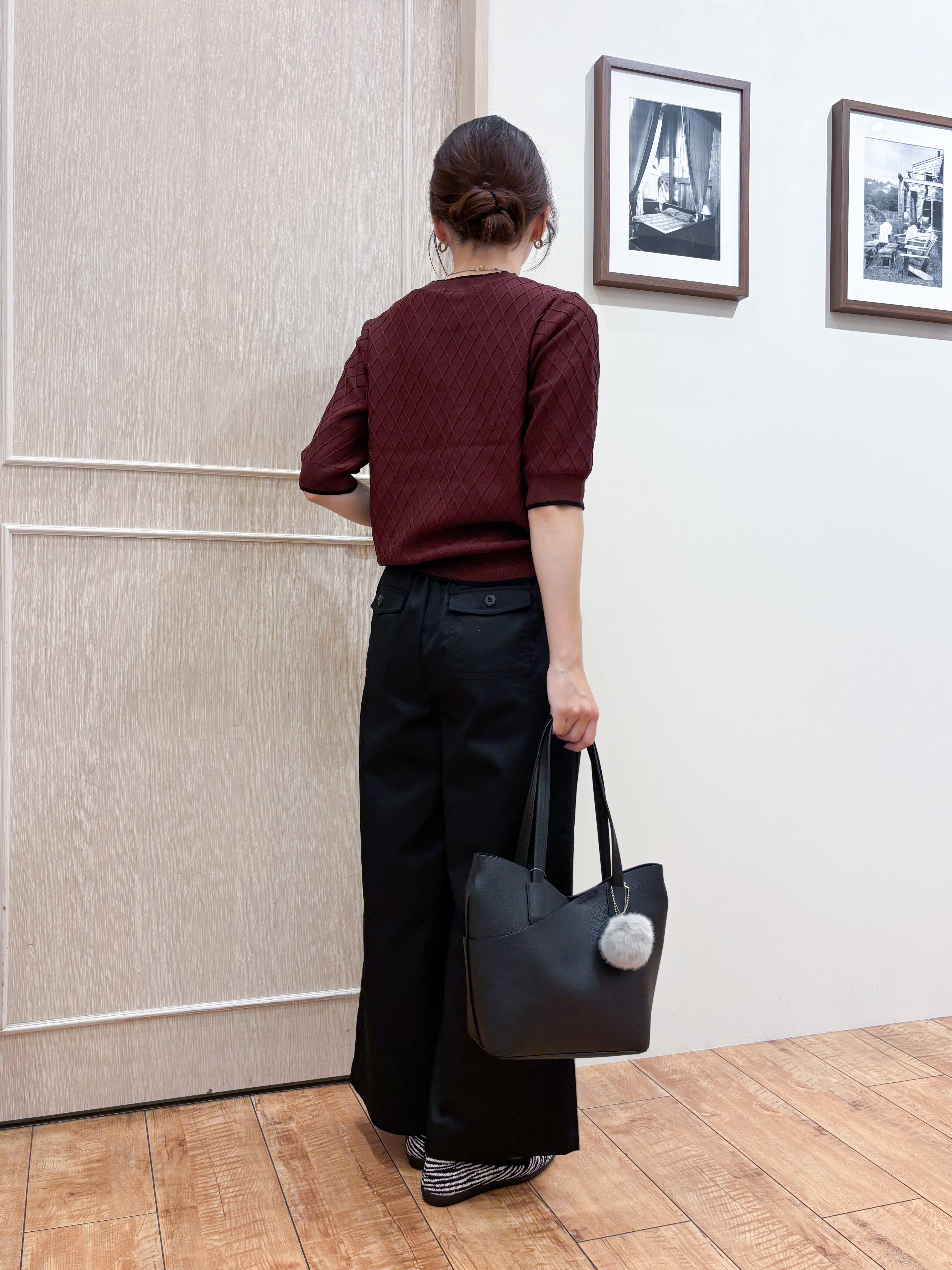なみさんの「SHOO･LA･RUE｜【毛玉になりにくい/S-LL/洗濯機可】ダイヤ柄が上品 二の腕隠せる5分袖ニット」を使ったコーディネート