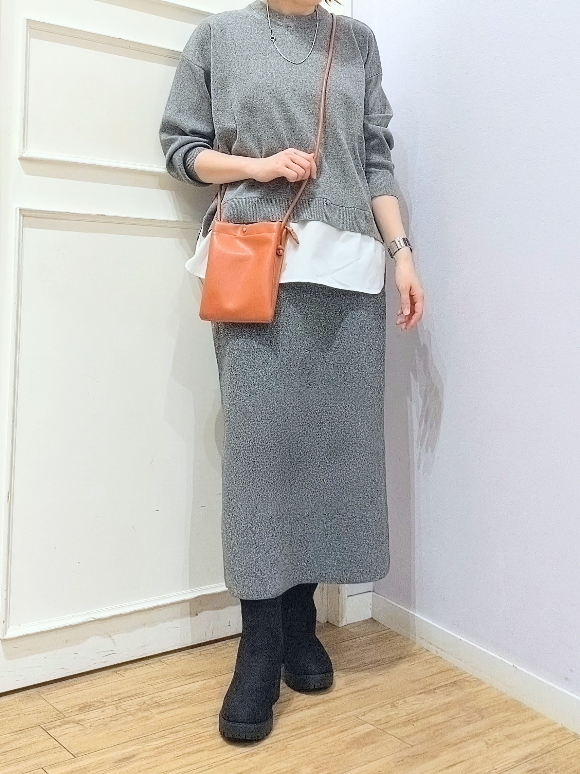 miomioさんの「SHOO･LA･RUE｜【S-LL】着るだけできまる シャツレイヤード風 スポンディッシュニット」を使ったコーディネート
