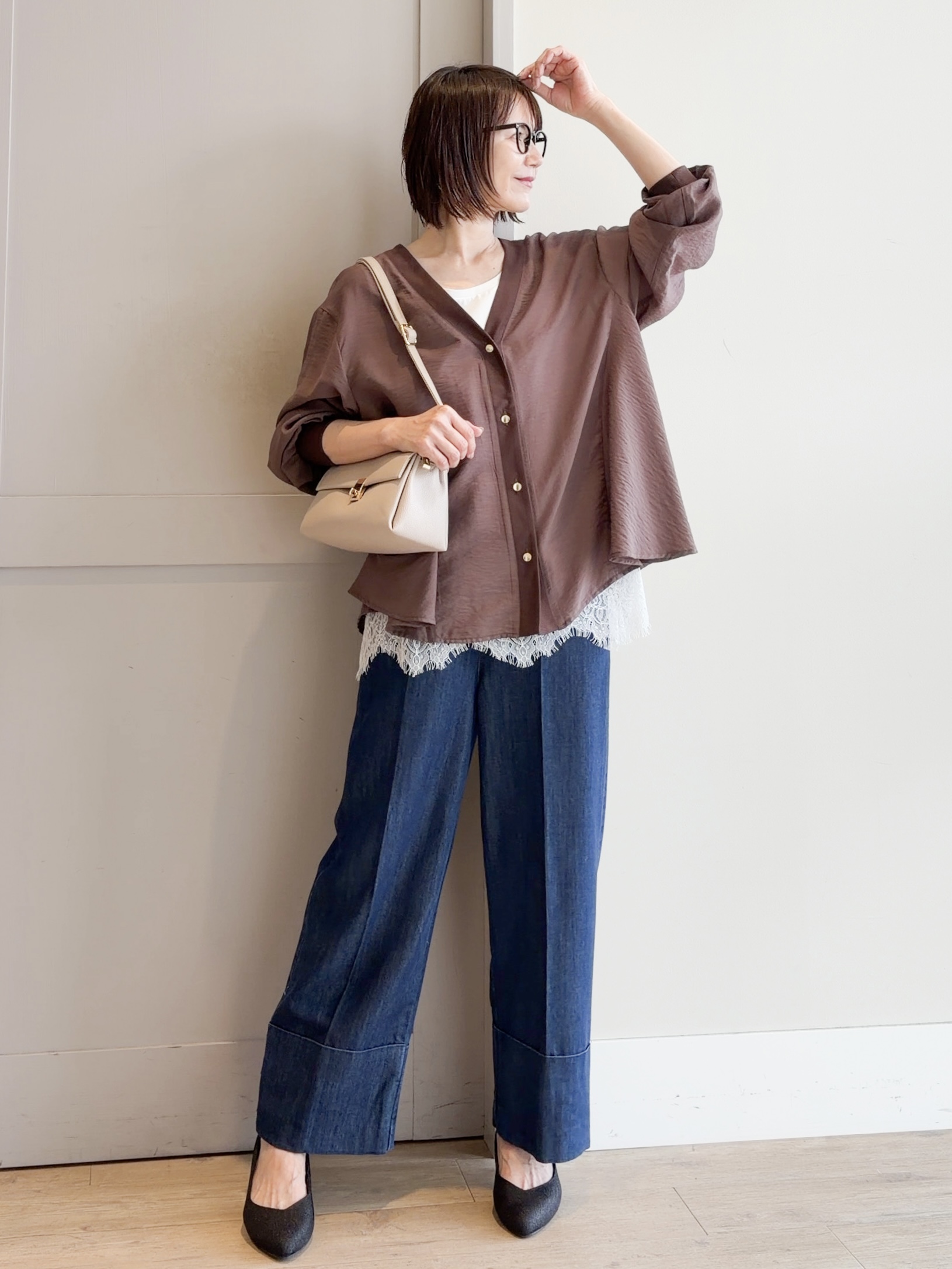 yamakoさんの「grove｜シアーシャツカーディガン」を使ったコーディネート