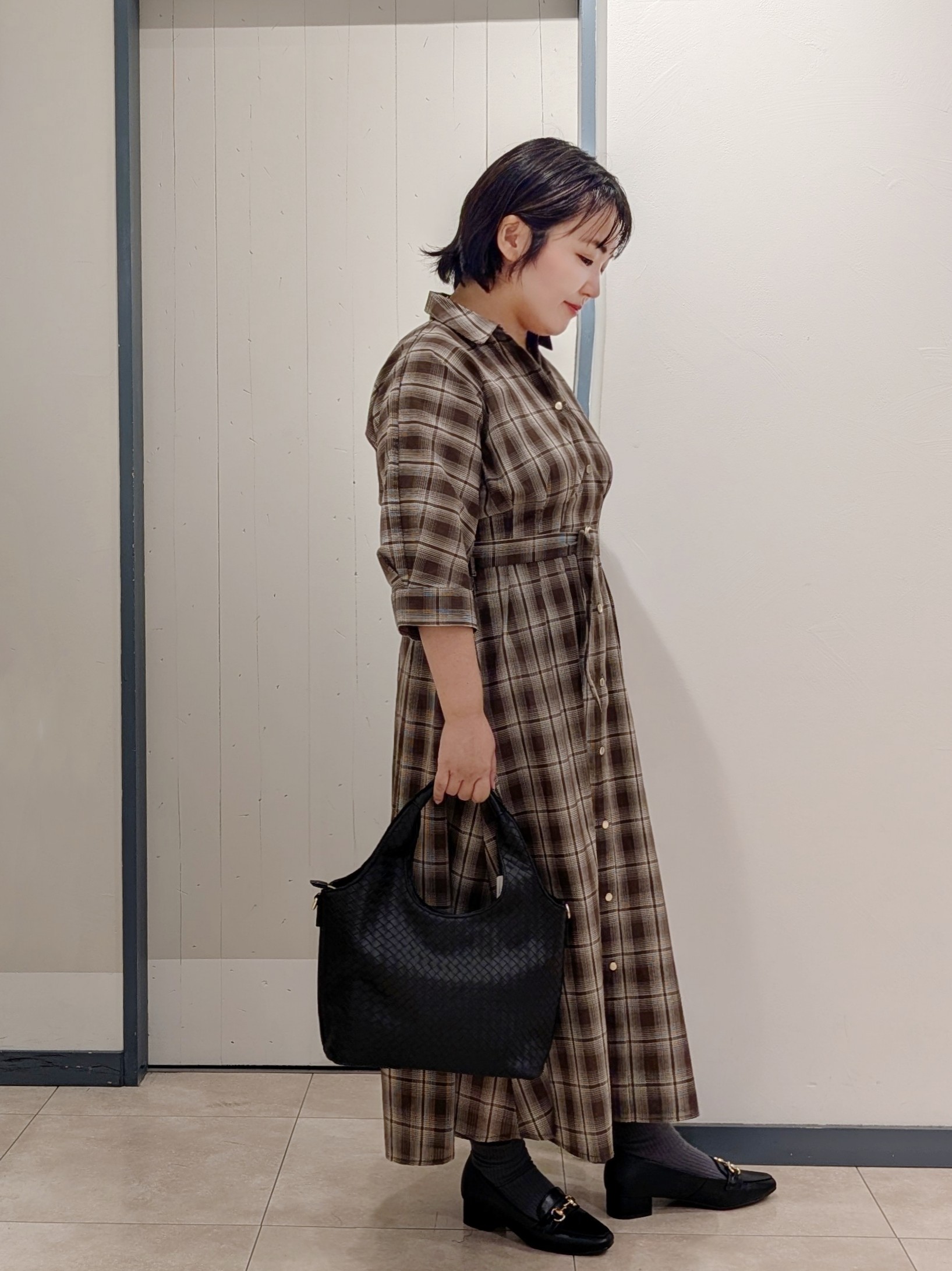 yukikaさんの「grove｜チェック柄ベルト付シャツワンピース」を使ったコーディネート