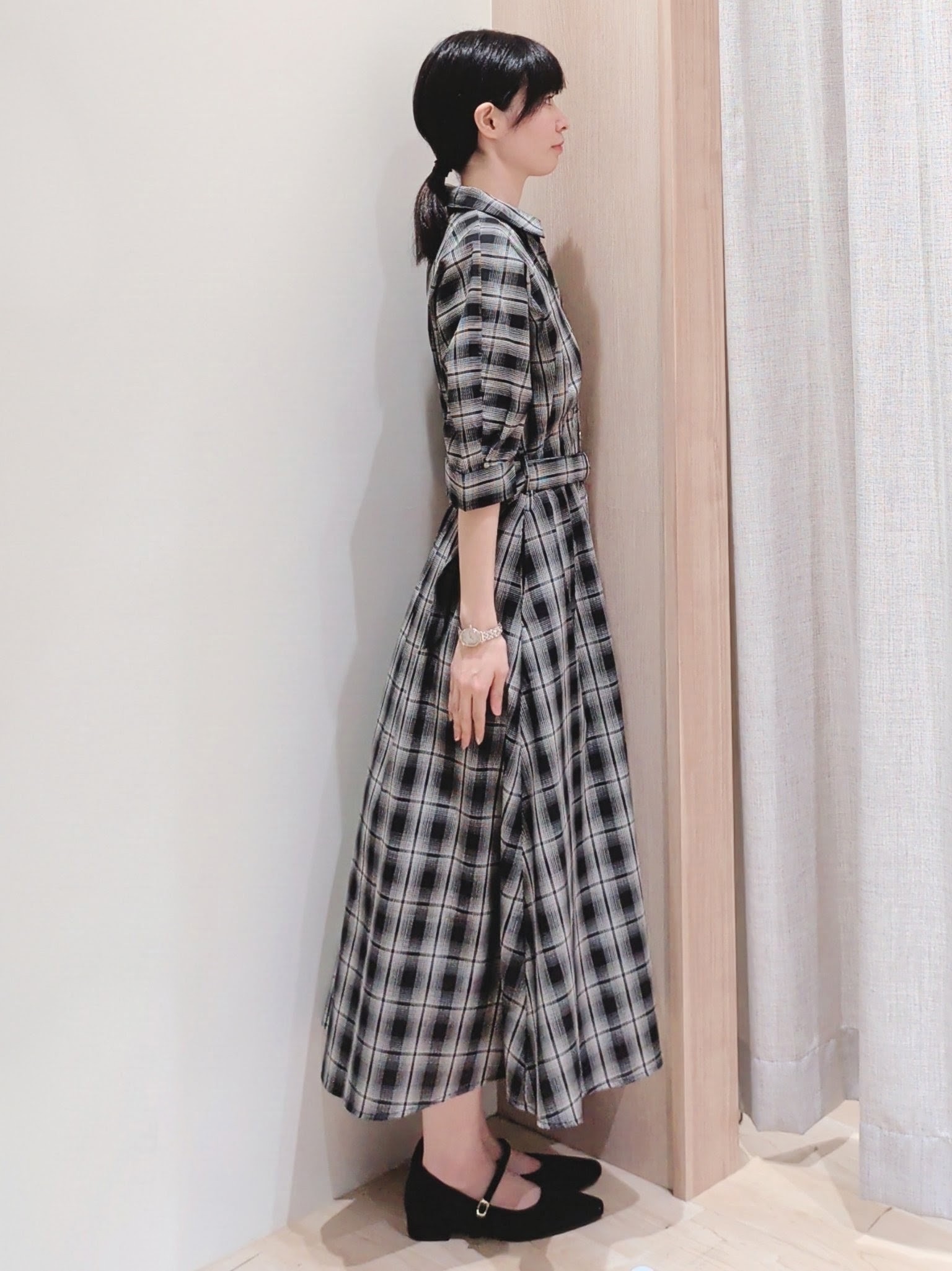 Yuiさんの「grove｜チェック柄ベルト付シャツワンピース」を使ったコーディネート
