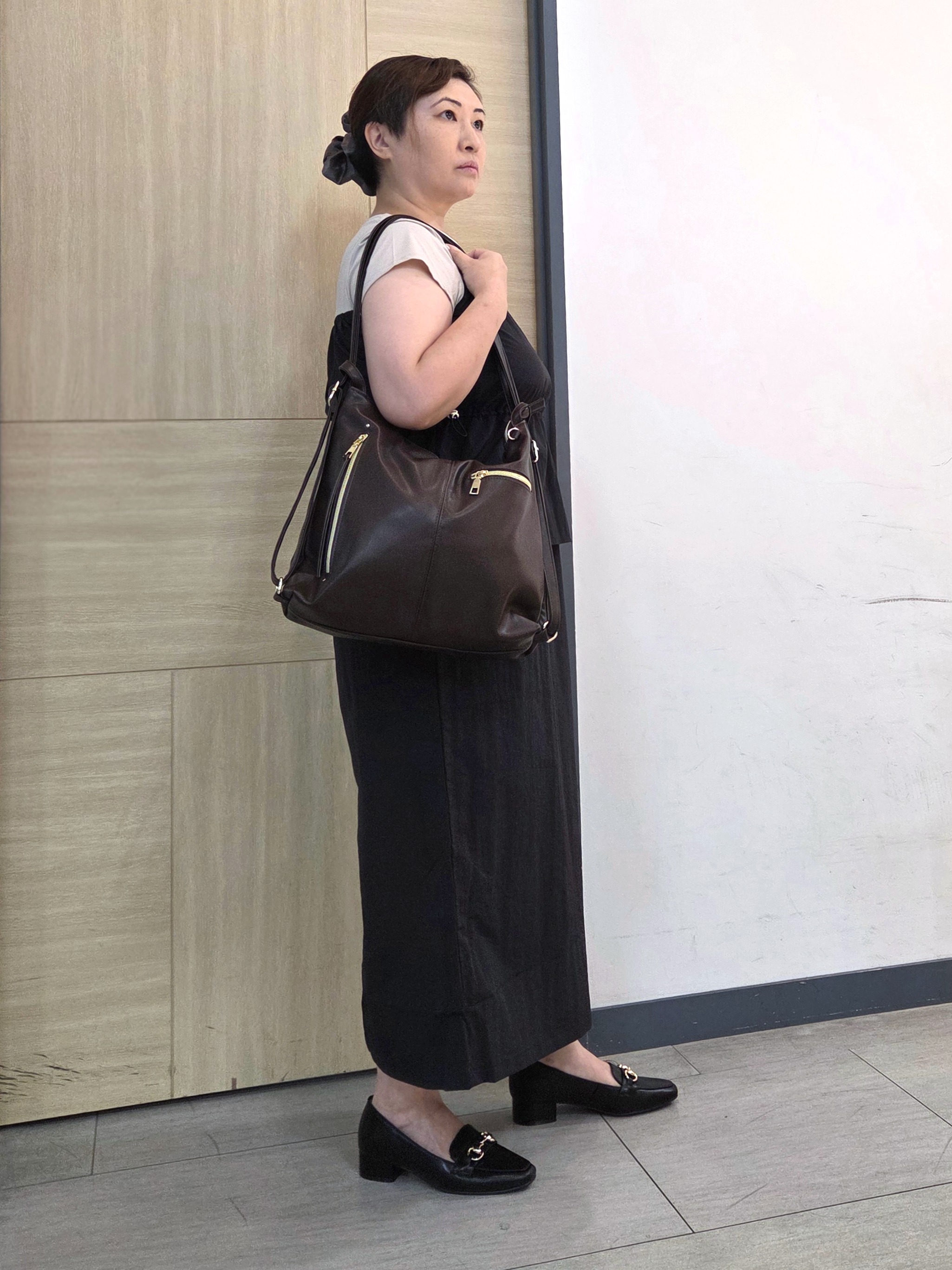 にゃみさんの「grove｜【低身長さんも選べる着丈・洗濯機◎】1枚で旬顔！Tシャツドッキングドロストワンピース」を使ったコーディネート