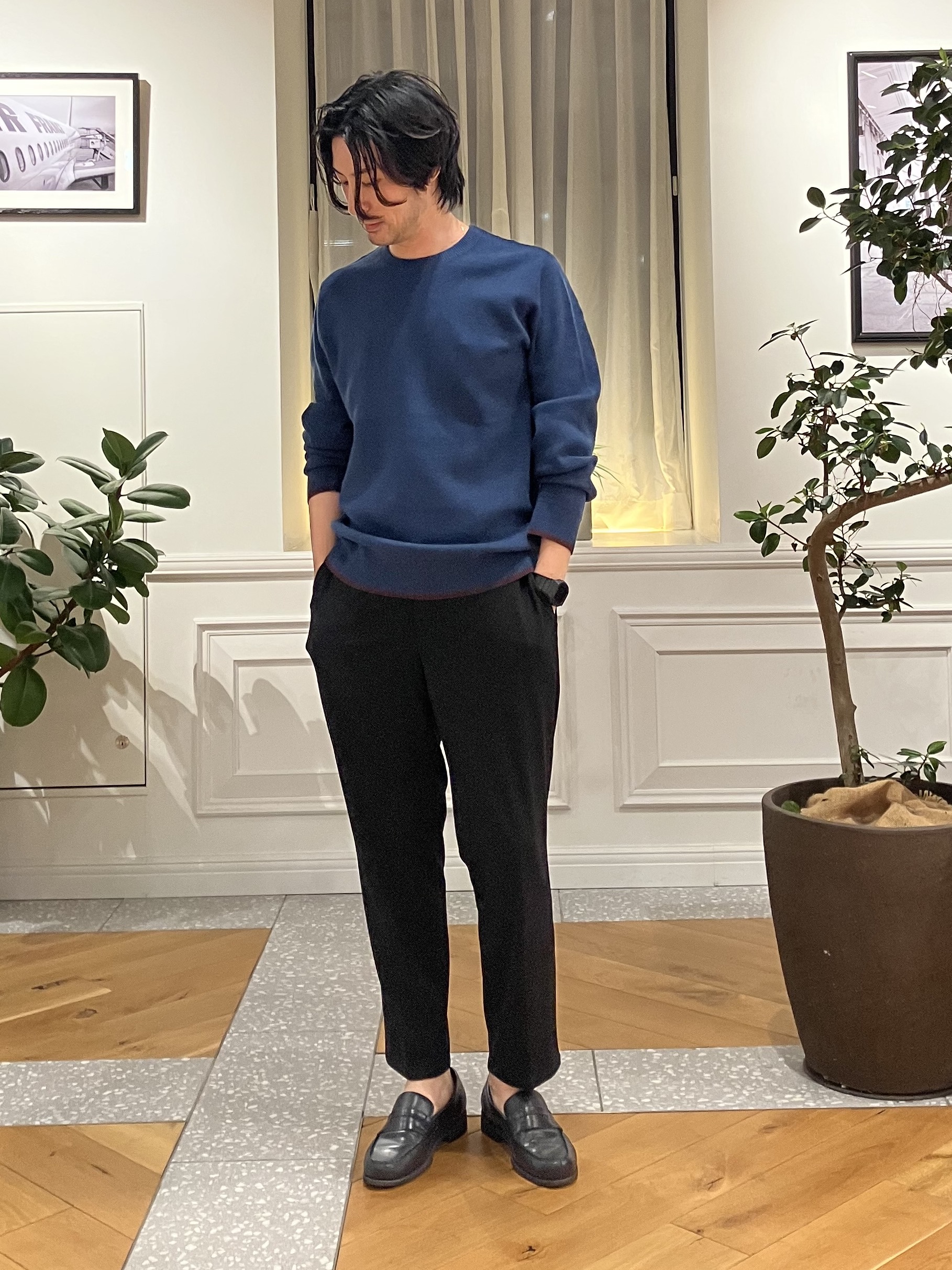 junyaさんの「DRESSTERIOR｜【6色展開/洗濯機可】コットンカシミヤ スムースニット」を使ったコーディネート