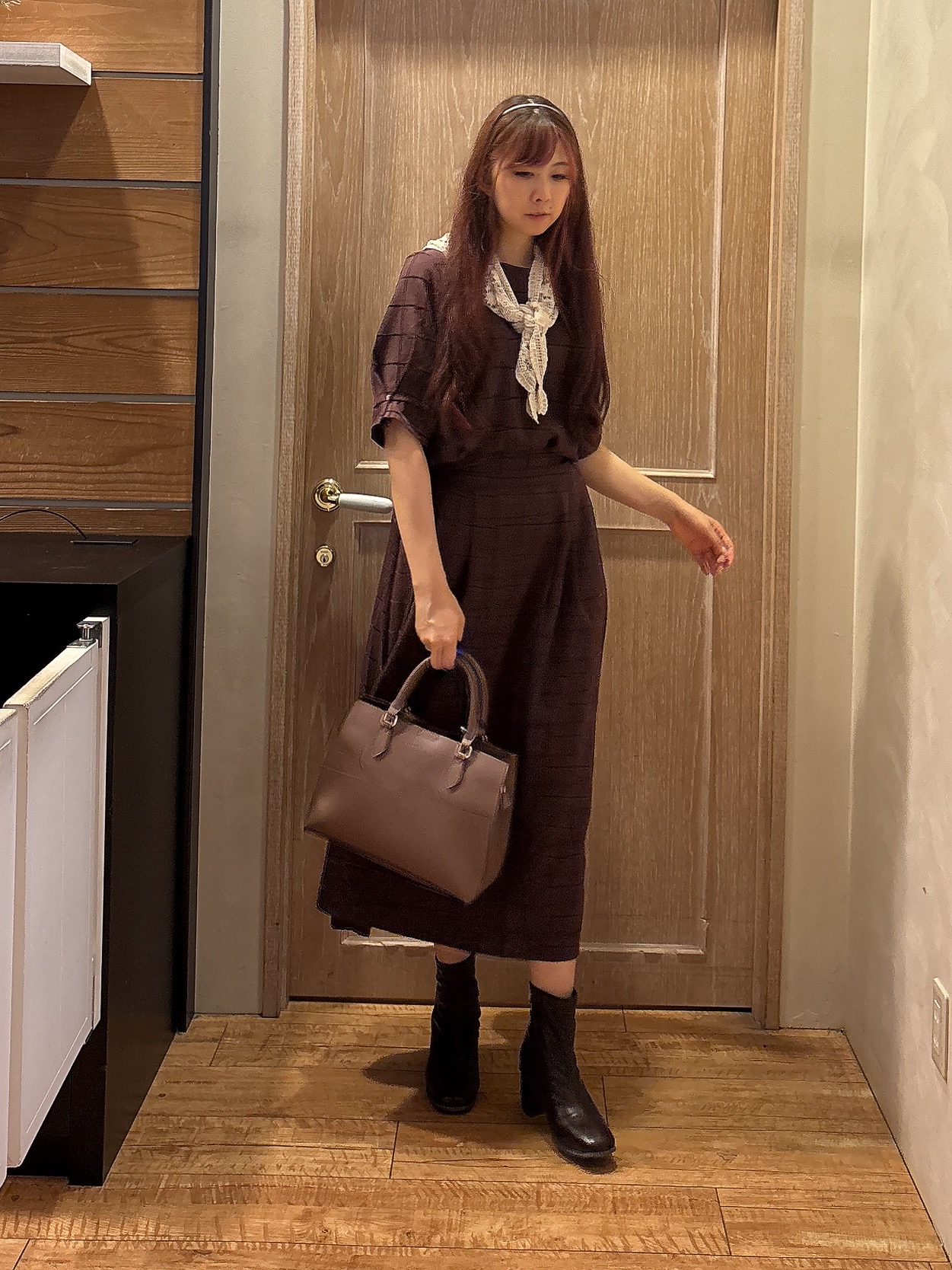 miiさんの「SHOO･LA･RUE｜【セットアップ可/S-LL】1枚で秋気分 モールチェックタックスリーブ ブラウス」を使ったコーディネート