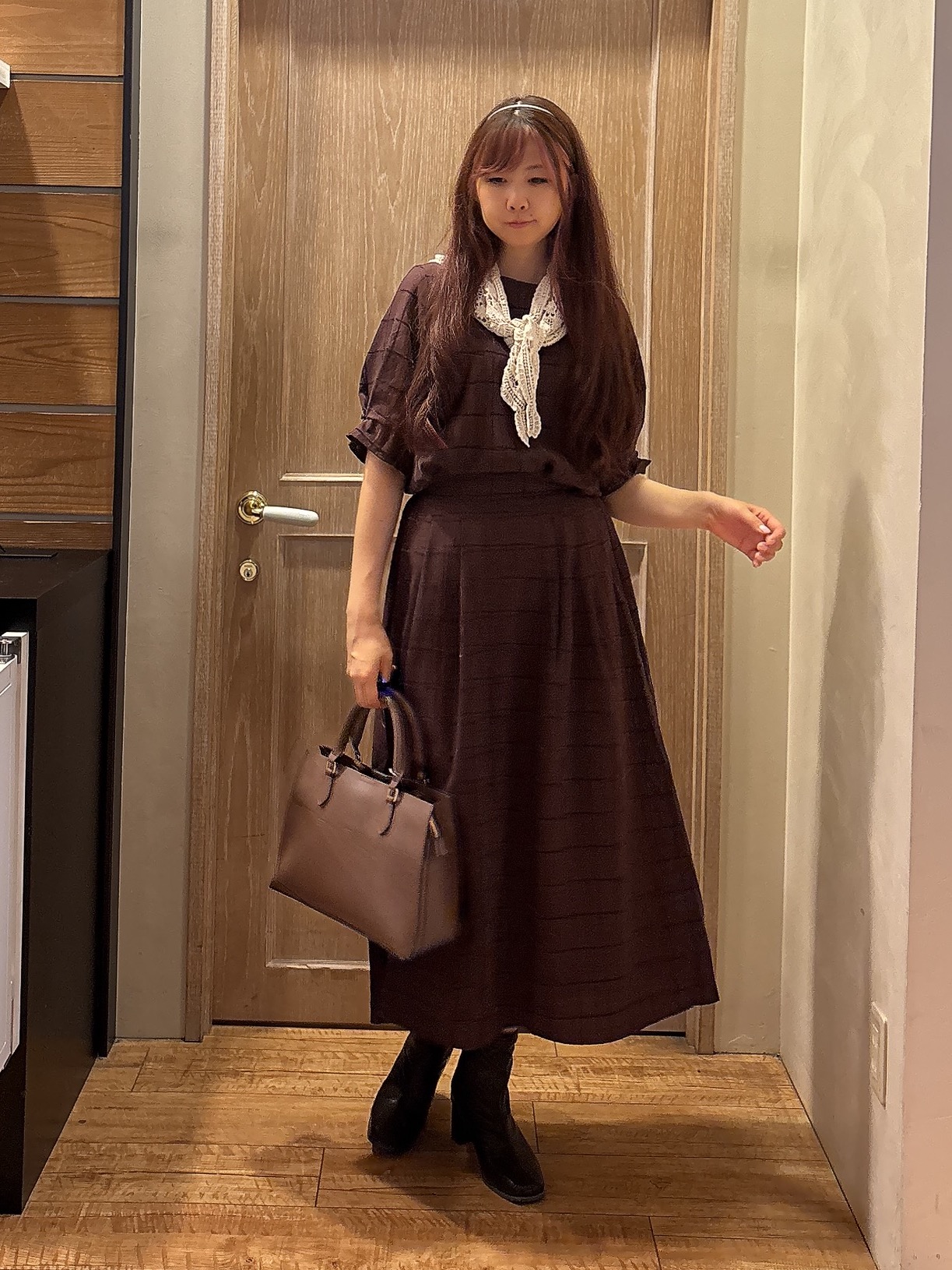 miiさんの「SHOO･LA･RUE｜【セットアップ可/S-LL】1枚で秋気分 モールチェックタックスリーブ ブラウス」を使ったコーディネート