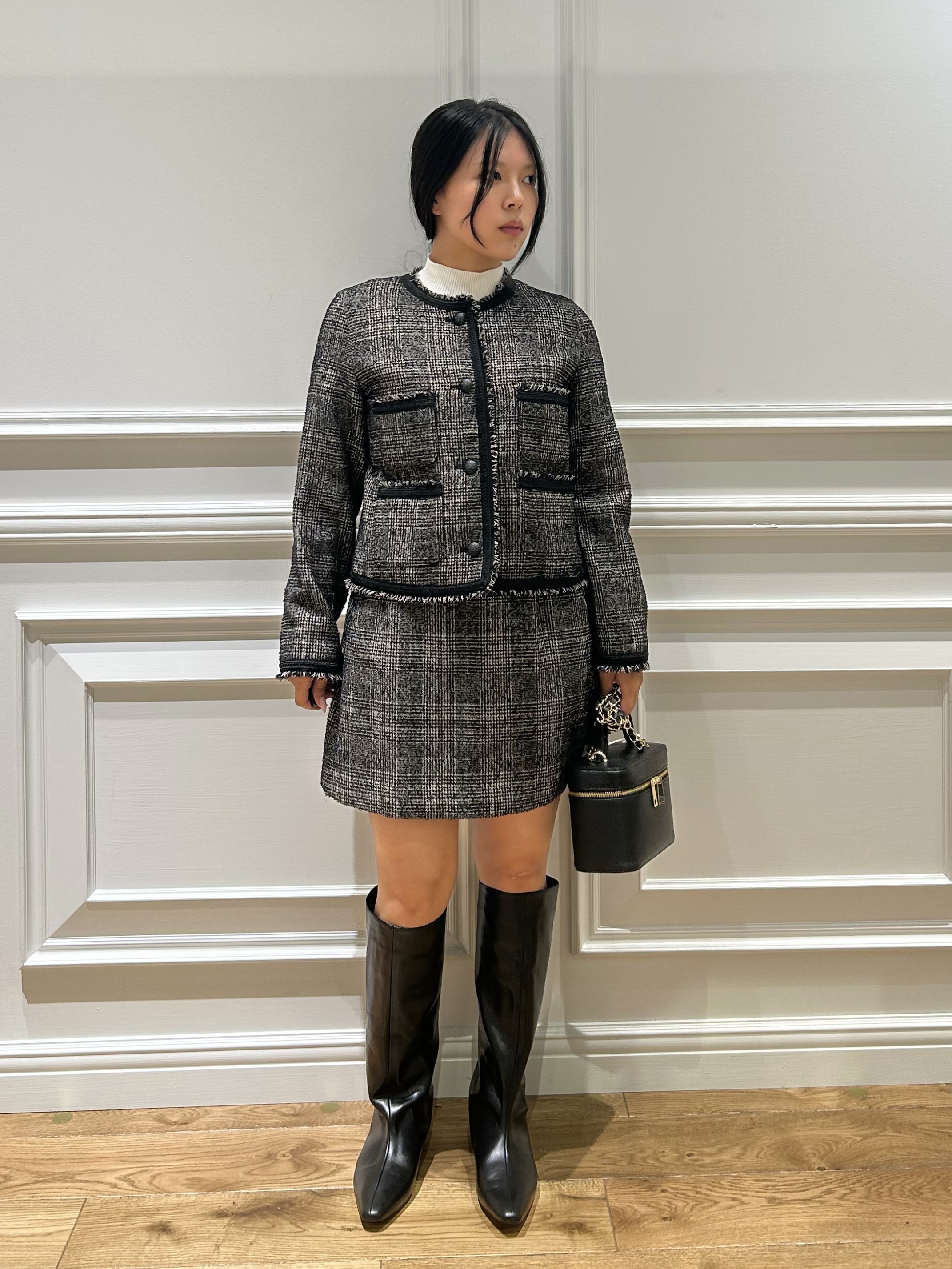 とりみさんの「DRESSTERIOR｜【セットアップ可】ループグレンチェックノーカラージャケット」を使ったコーディネート