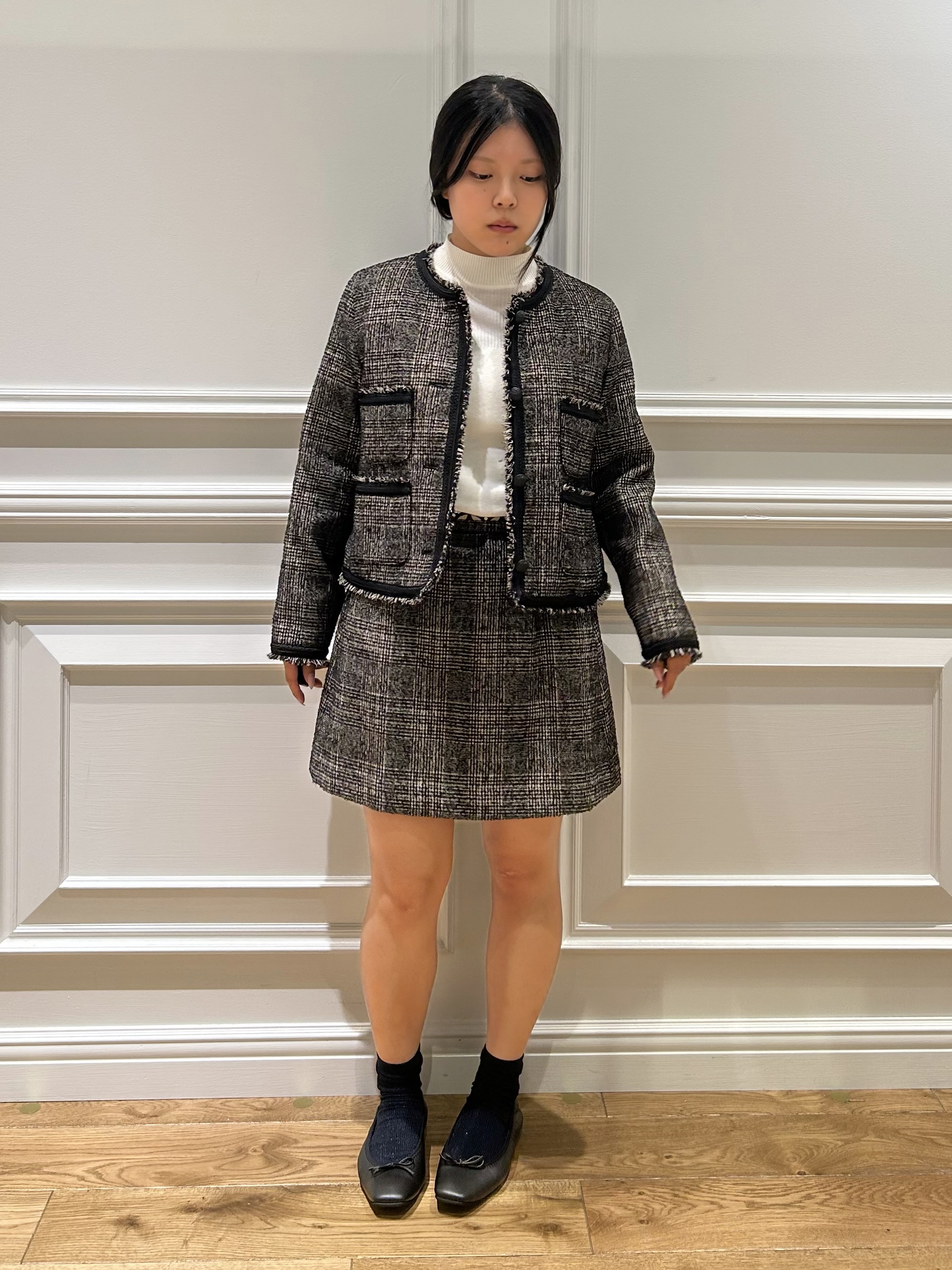 とりみさんの「DRESSTERIOR｜【セットアップ可】ループグレンチェックノーカラージャケット」を使ったコーディネート