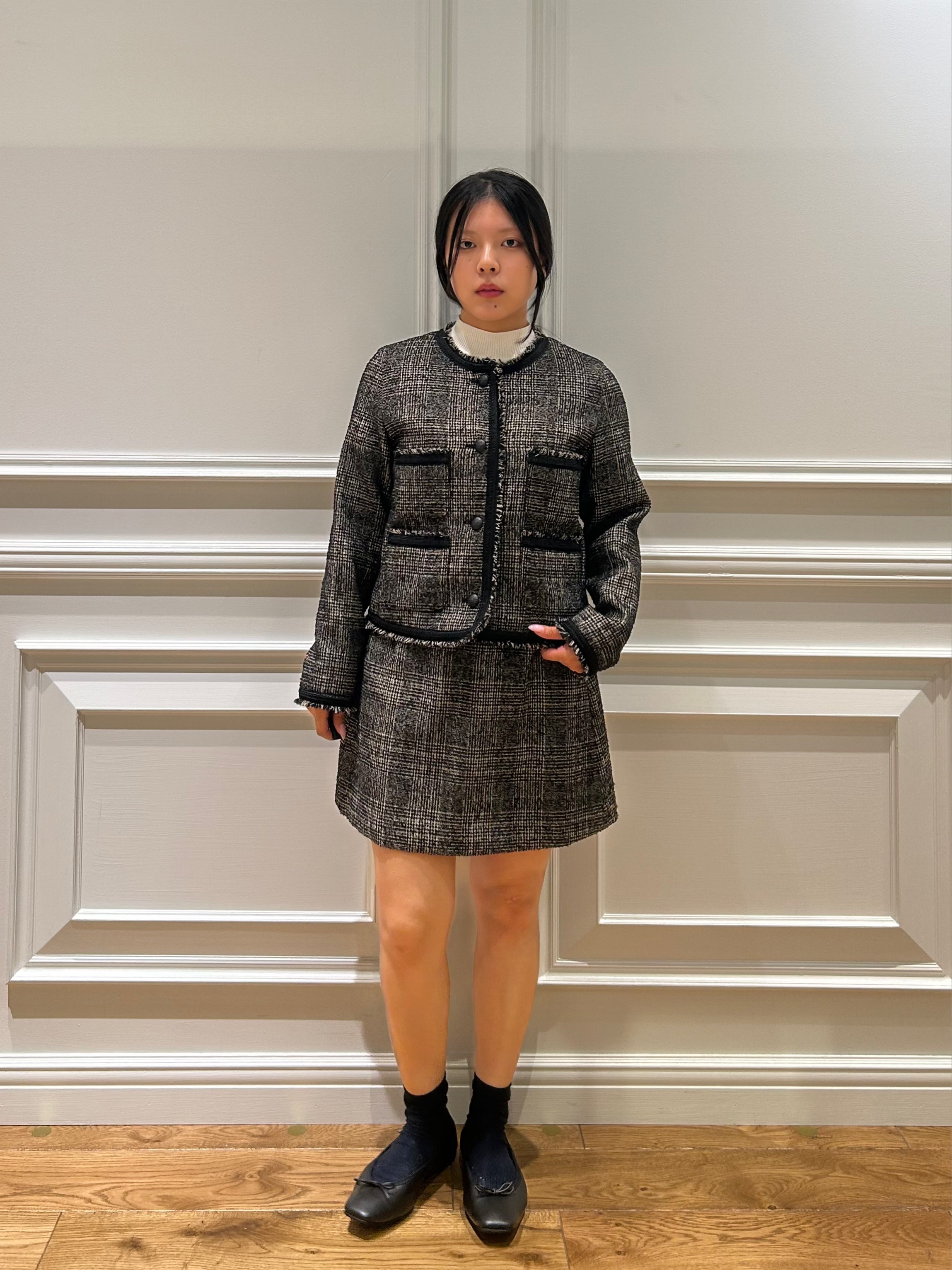 とりみさんの「DRESSTERIOR｜【セットアップ可】ループグレンチェックノーカラージャケット」を使ったコーディネート