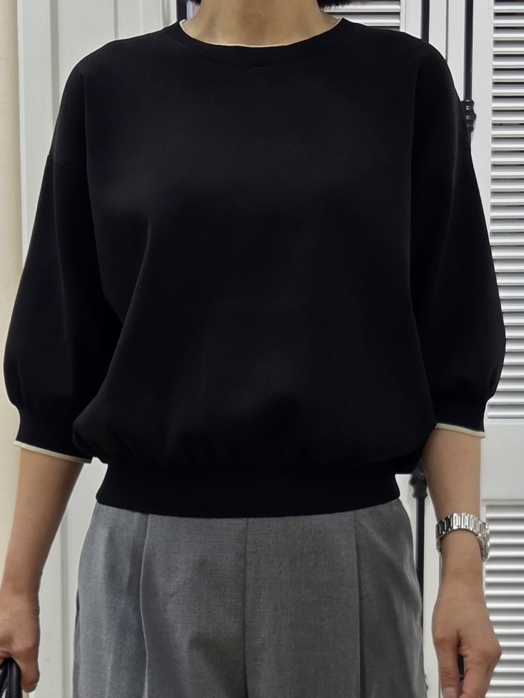 Yamadaさんの「Dessin｜【高レビュー/UVカット/洗濯機OK】6分袖配色ニット」を使ったコーディネート