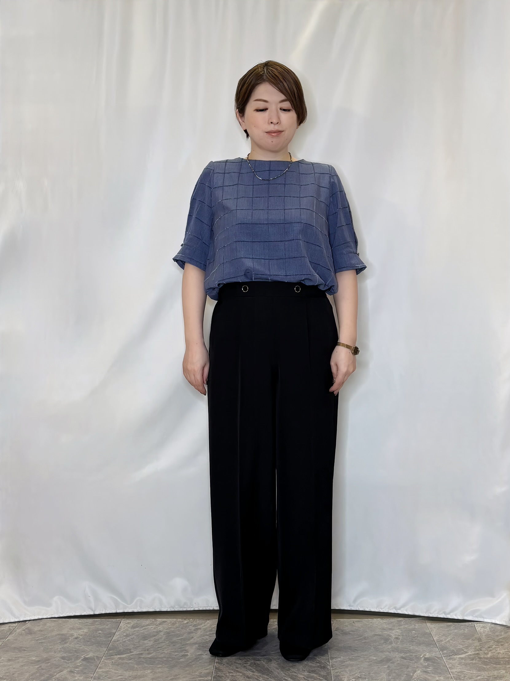たみさんの「SHOO･LA･RUE｜【セットアップ可/S-LL】1枚で秋気分 モールチェックタックスリーブ ブラウス」を使ったコーディネート