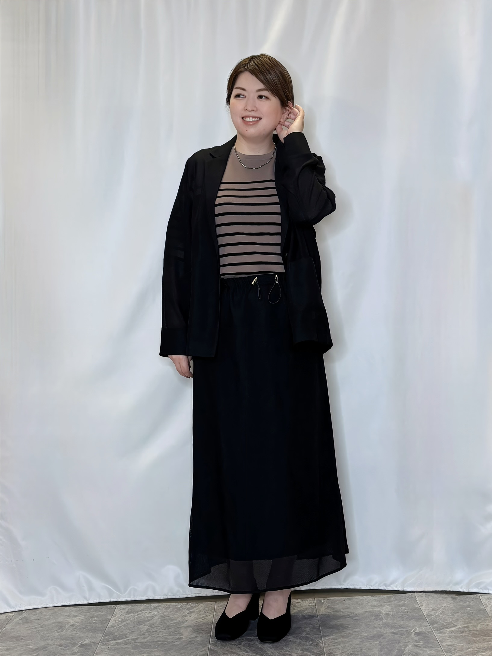 たみさんの「SHOO･LA･RUE｜【通気性〇/セットアップ可/S-LL/洗濯機可】紫外線対策にも メッシュテーラードジャケット」を使ったコーディネート