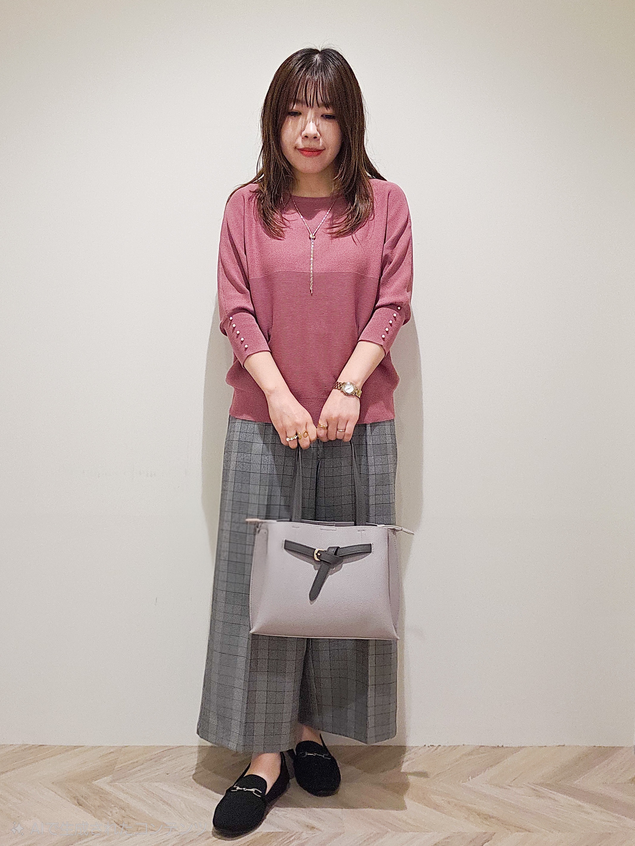 TSUCHIYAさんの「SHOO･LA･RUE｜【毛玉になりにくい】パール調ボタンが女性らしさをプラス ガーター切替 7分袖ドルマンニット」を使ったコーディネート