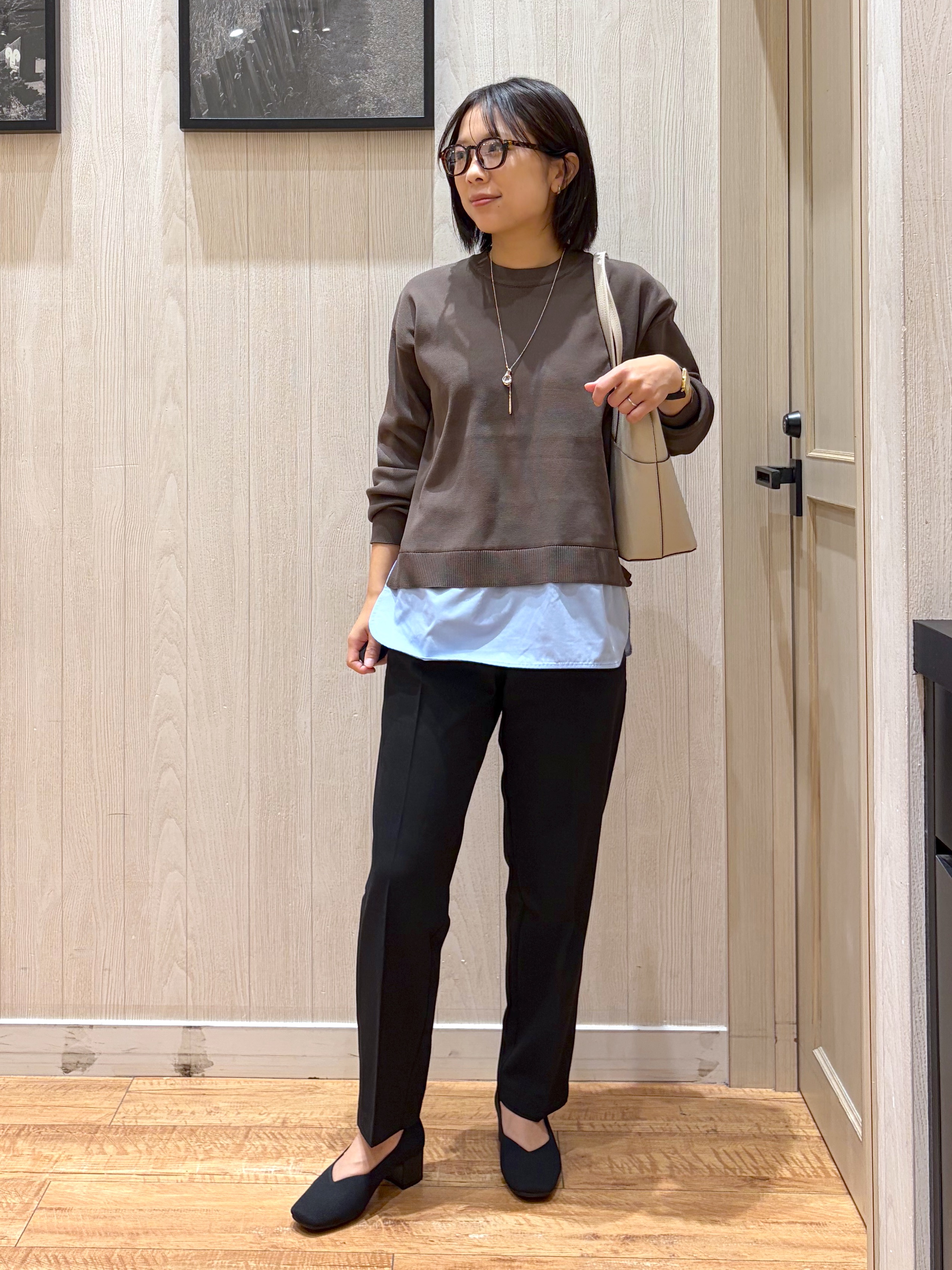shirayuuuさんの「SHOO･LA･RUE｜【S-LL】着るだけできまる シャツレイヤード風 スポンディッシュニット」を使ったコーディネート