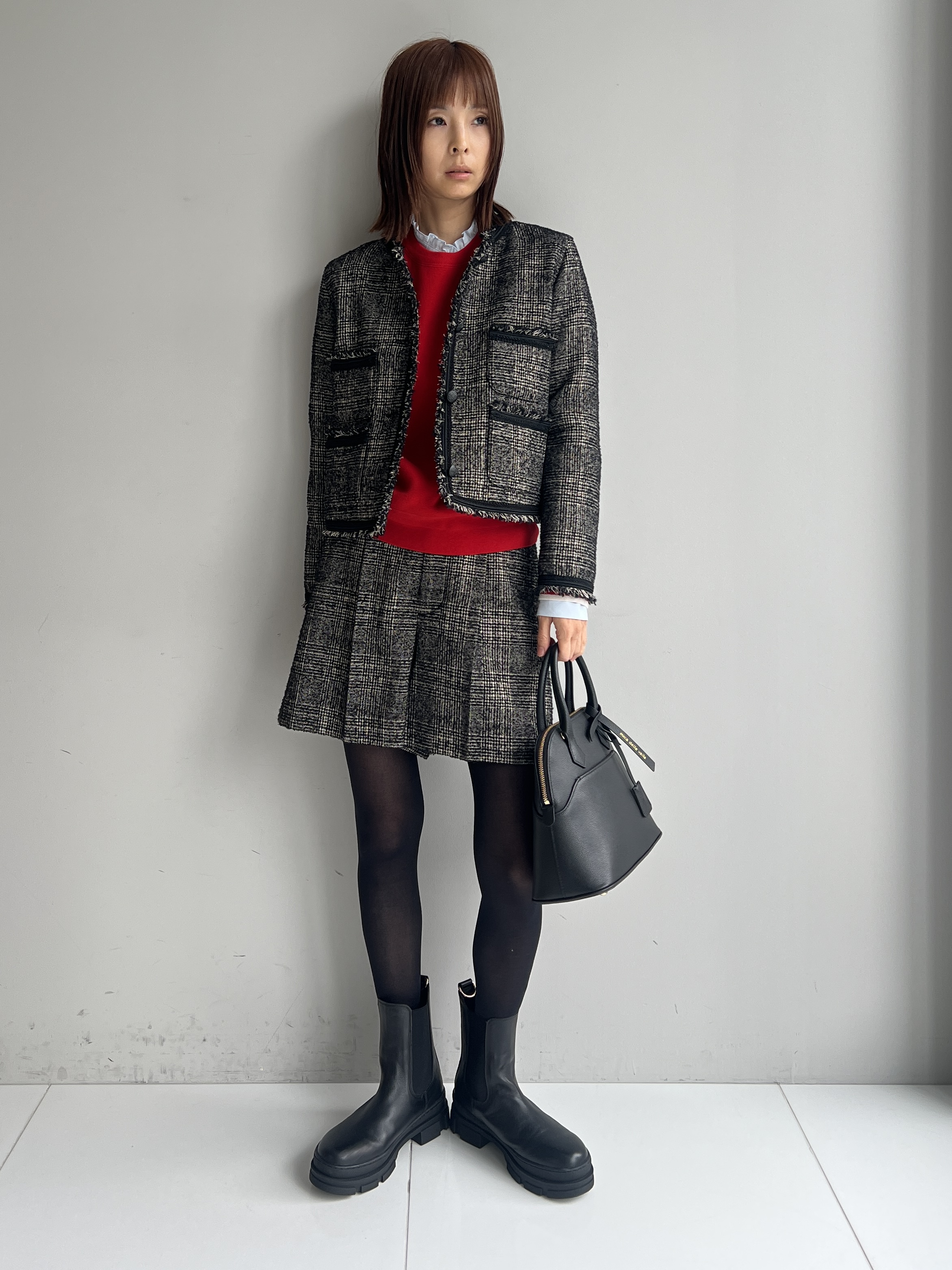 misaさんの「DRESSTERIOR｜【セットアップ可】ループグレンチェックノーカラージャケット」を使ったコーディネート