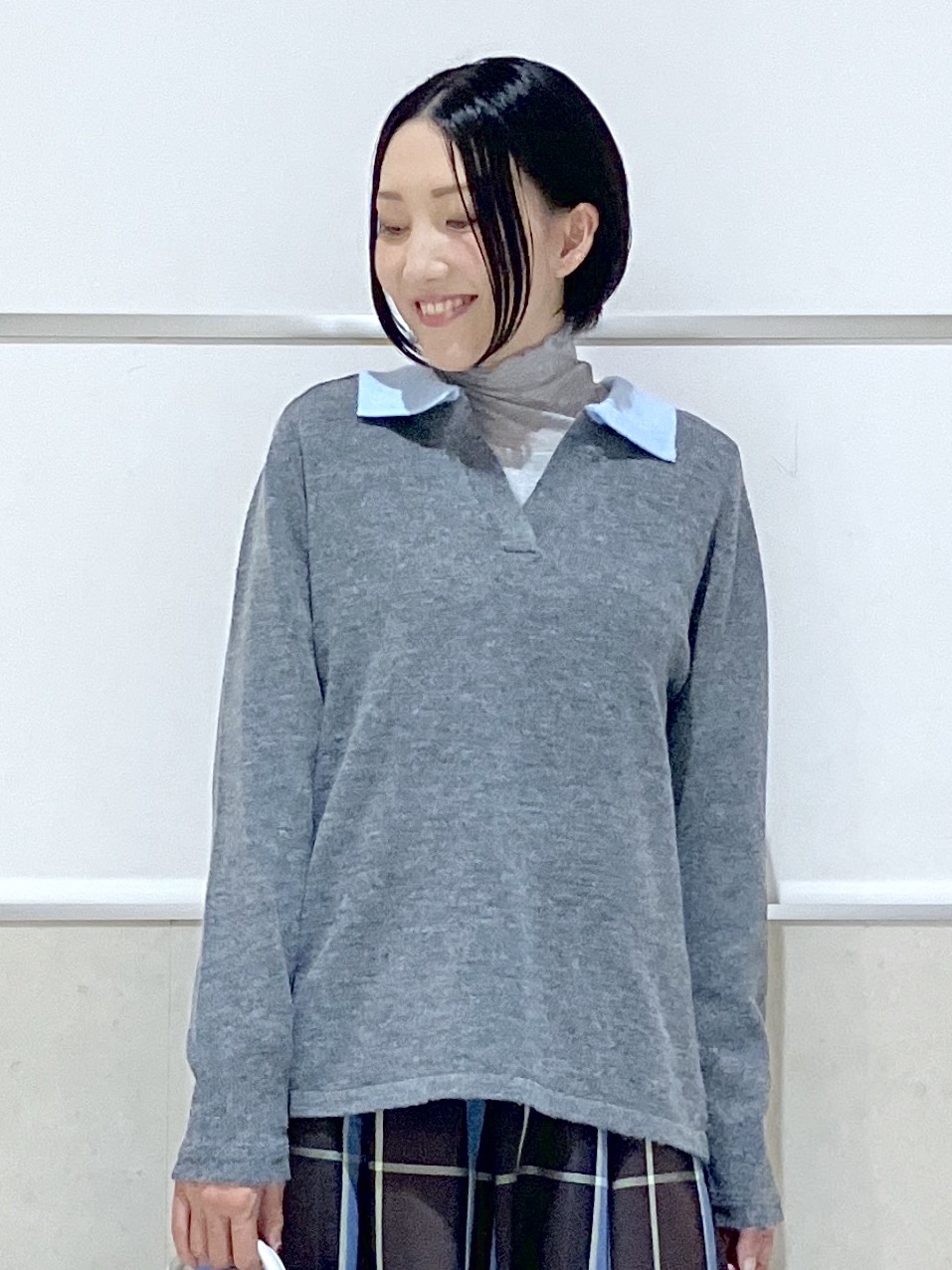 eriko さんの「Dessin｜【洗える/チクチクしにくい】モヘヤライク バイカラースキッパーポロニット」を使ったコーディネート