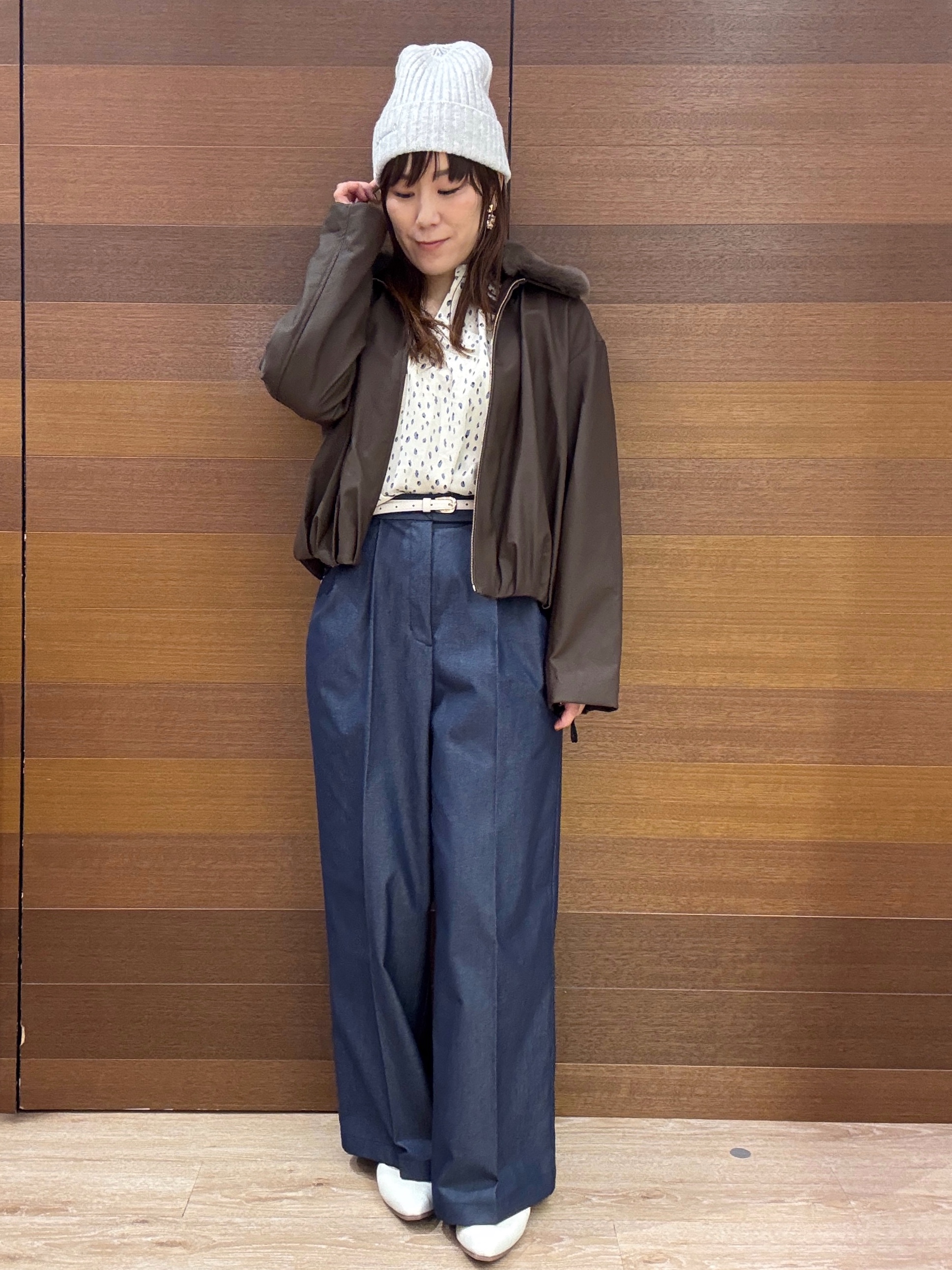 maichiさんの「OPAQUE.CLIP｜フェイクファー衿付き マットレザー調ブルゾン【洗える】」を使ったコーディネート