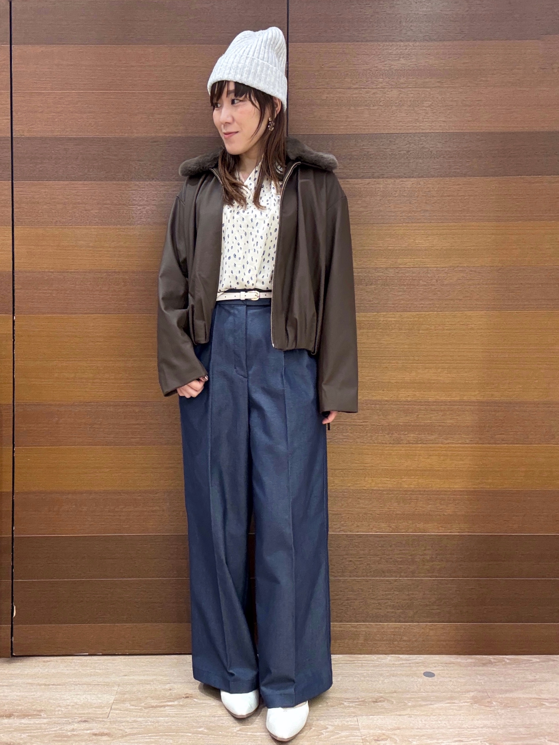 maichiさんの「OPAQUE.CLIP｜フェイクファー衿付き マットレザー調ブルゾン【洗える】」を使ったコーディネート