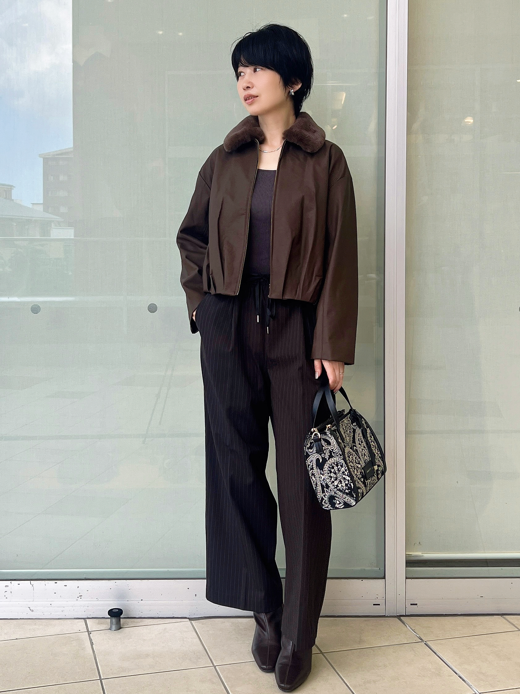 yo-koさんの「OPAQUE.CLIP｜フェイクファー衿付き マットレザー調ブルゾン【洗える】」を使ったコーディネート