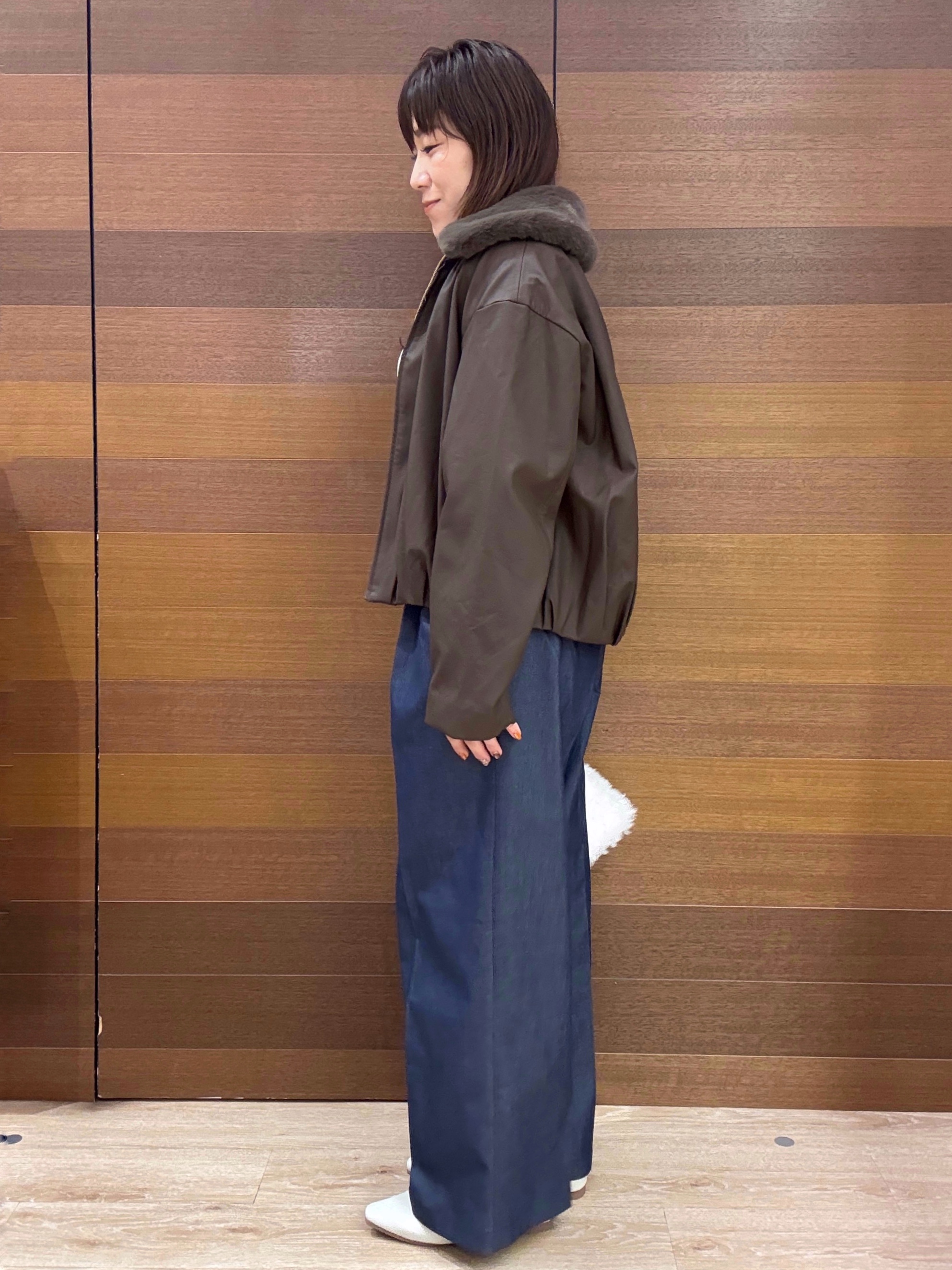 maichiさんの「OPAQUE.CLIP｜フェイクファー衿付き マットレザー調ブルゾン【洗える】」を使ったコーディネート