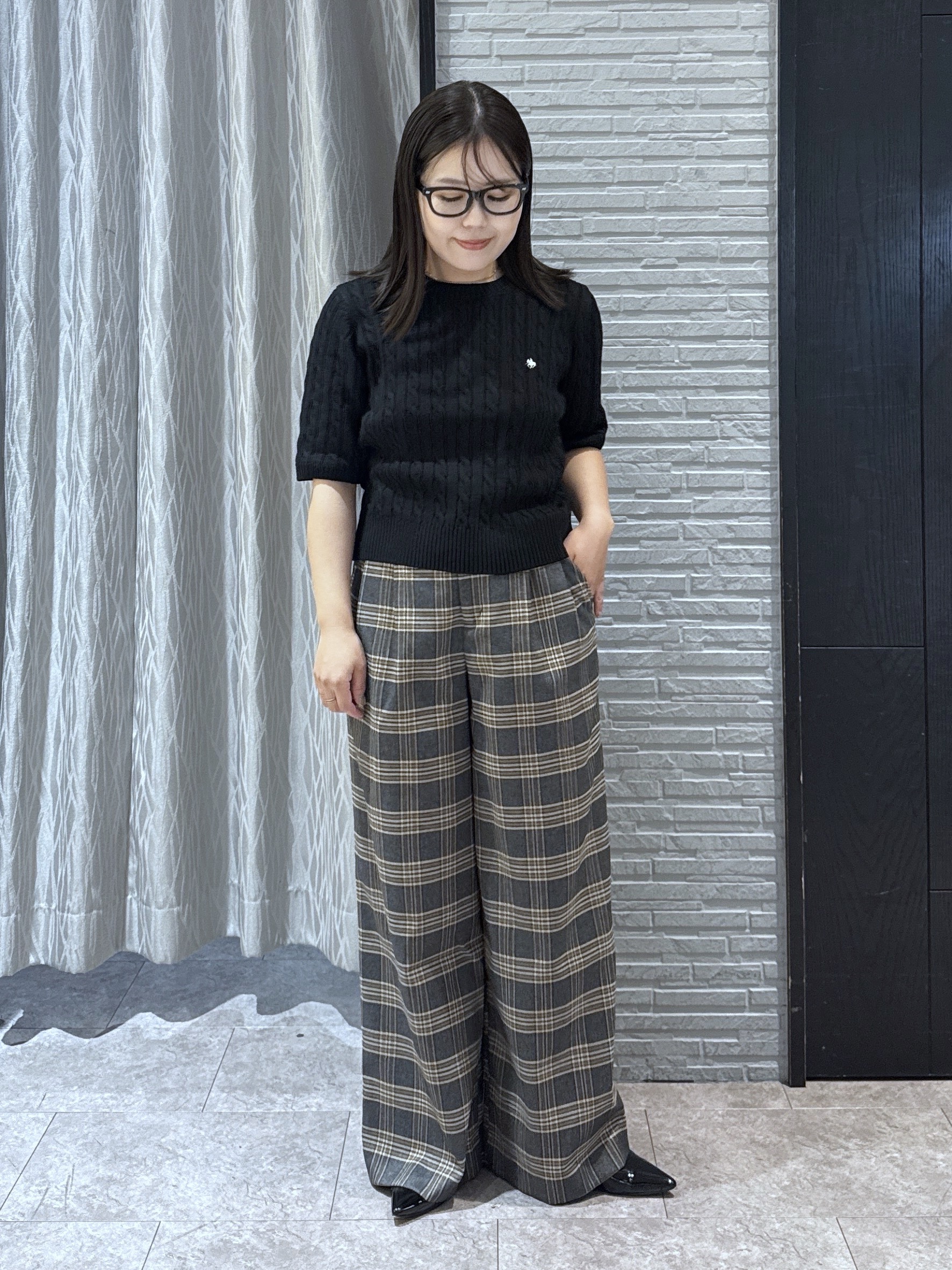 chさんの「THE SHOP TK｜POLO BCS/ケーブル5分袖ニット」を使ったコーディネート