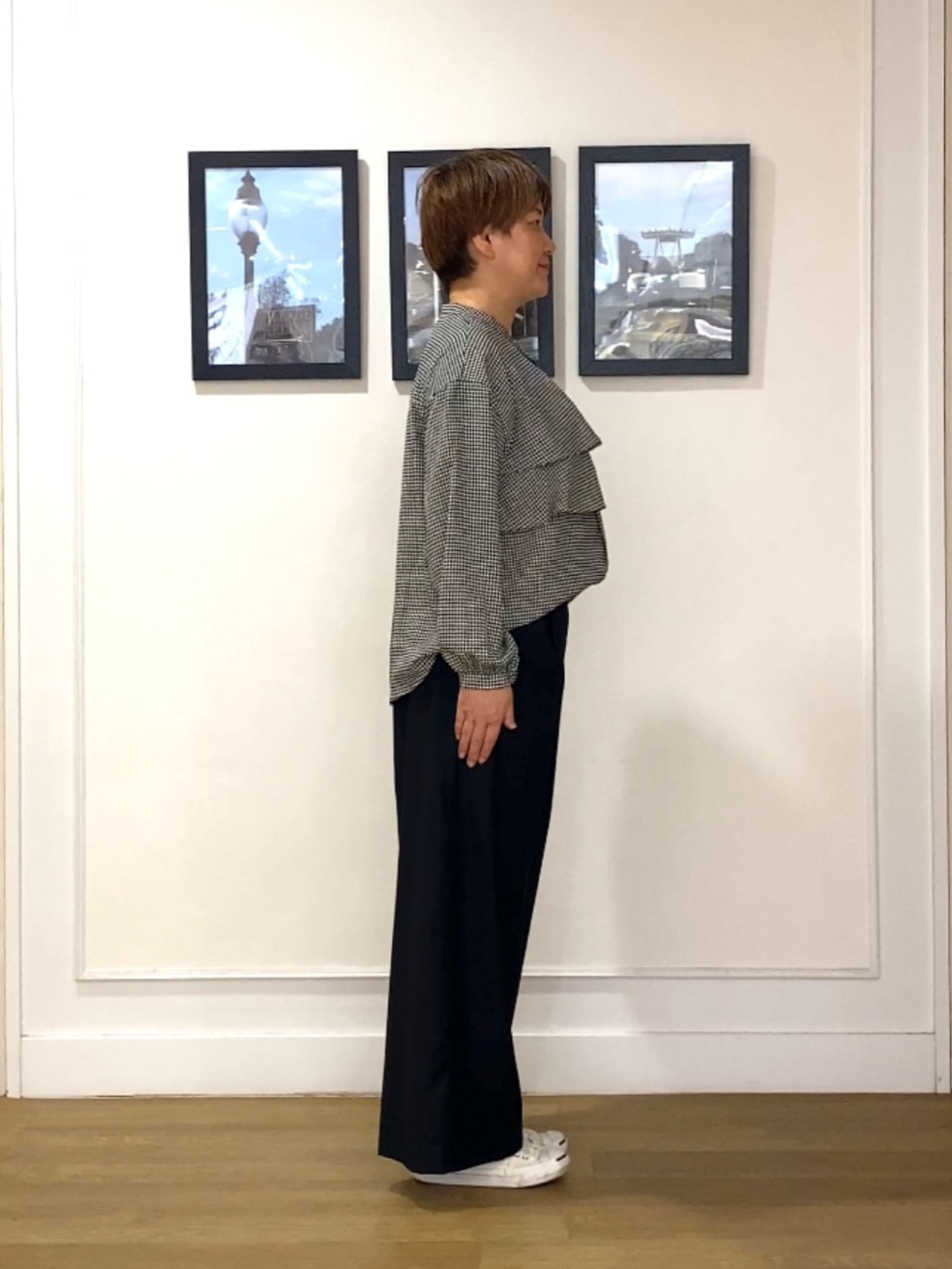 Hiroさんの「Dessin｜【秋羽織り/洗える】ハウンドトゥースフリルブラウス」を使ったコーディネート
