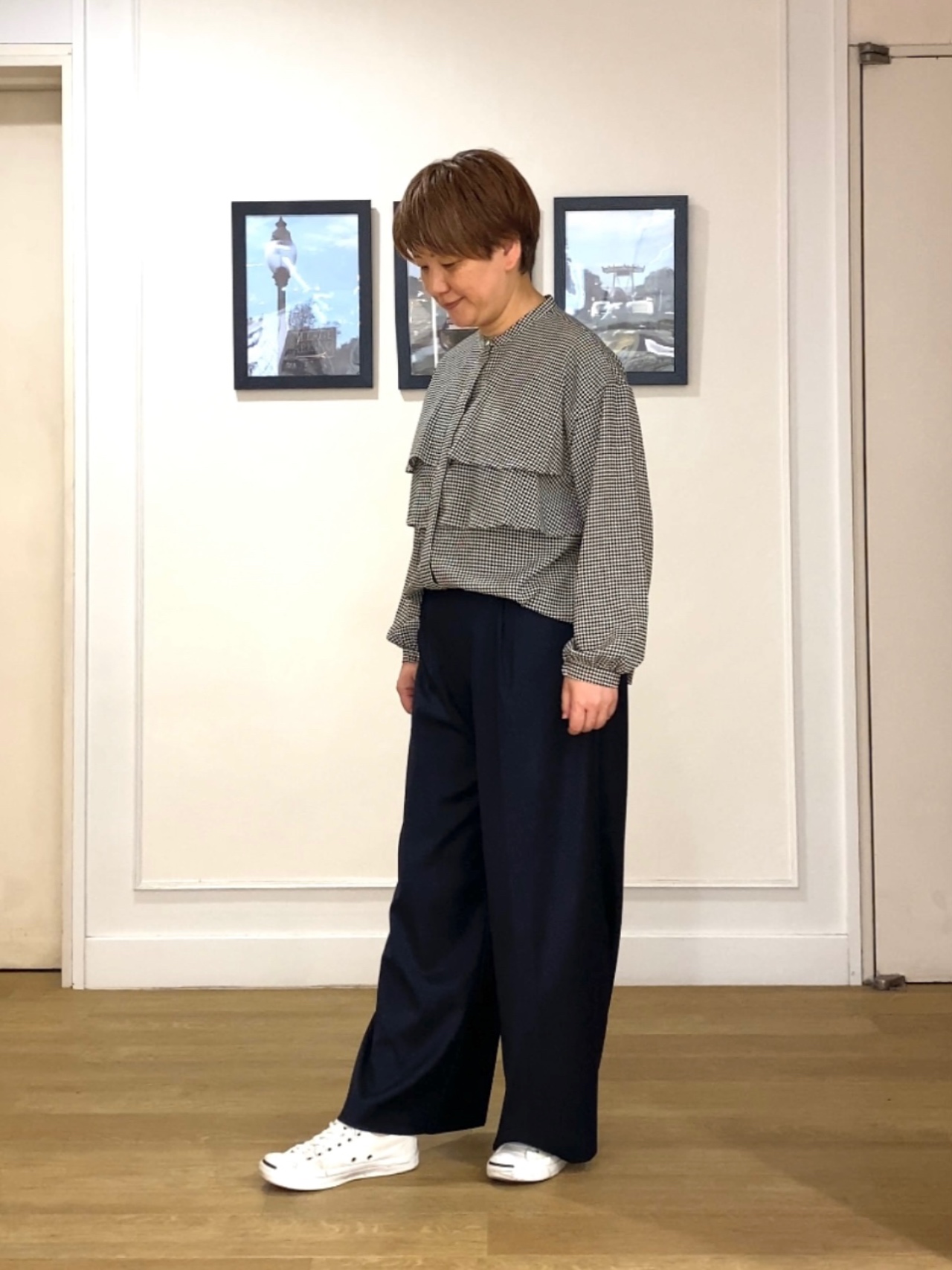 Hiroさんの「Dessin｜【秋羽織り/洗える】ハウンドトゥースフリルブラウス」を使ったコーディネート