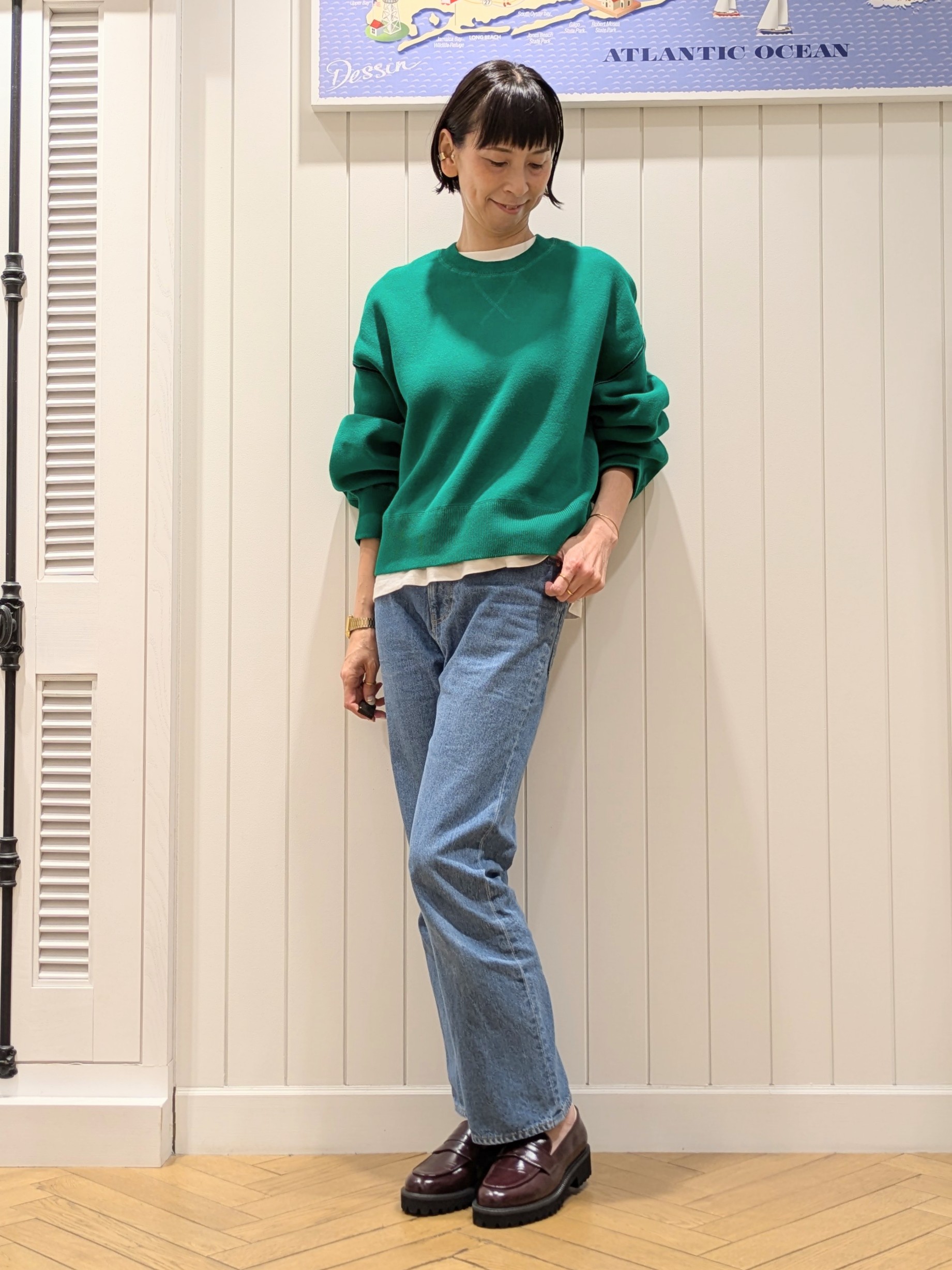micoさんの「Dessin｜【洗濯機OK/XS-L】配色リバーシブル コットンジャカード クルーネックニット」を使ったコーディネート