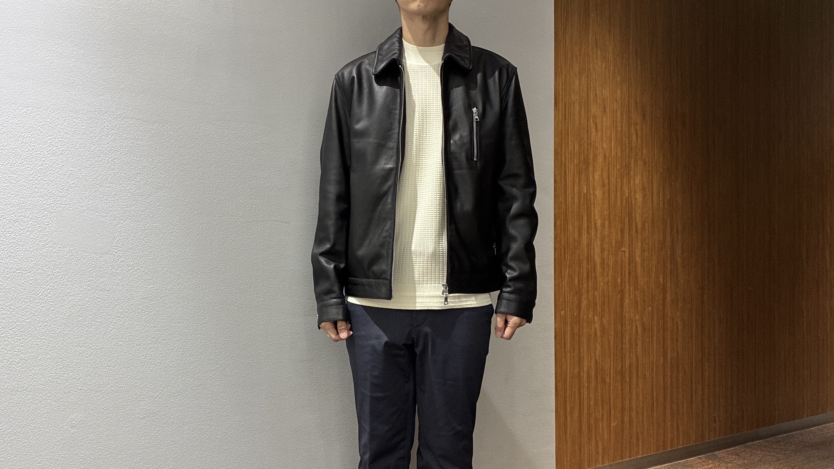 わいずみさんの「TAKEO KIKUCHI｜【BOWLER HAT LABEL】シングルレザーライダースジャケット」を使ったコーディネート