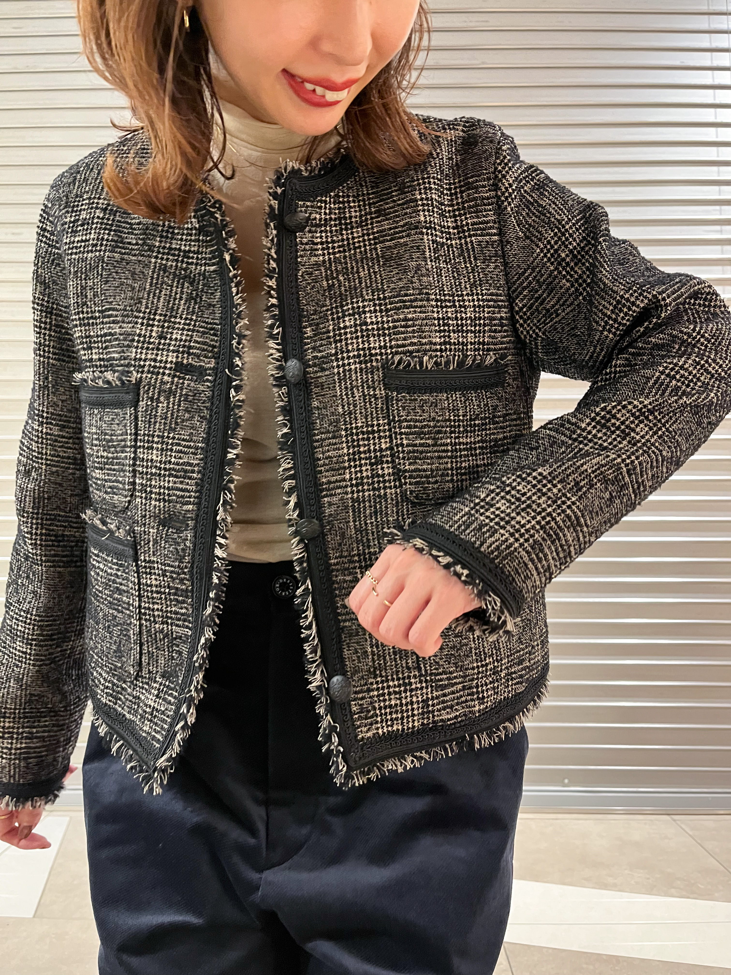 じゅんさんの「DRESSTERIOR｜【セットアップ可】ループグレンチェックノーカラージャケット」を使ったコーディネート